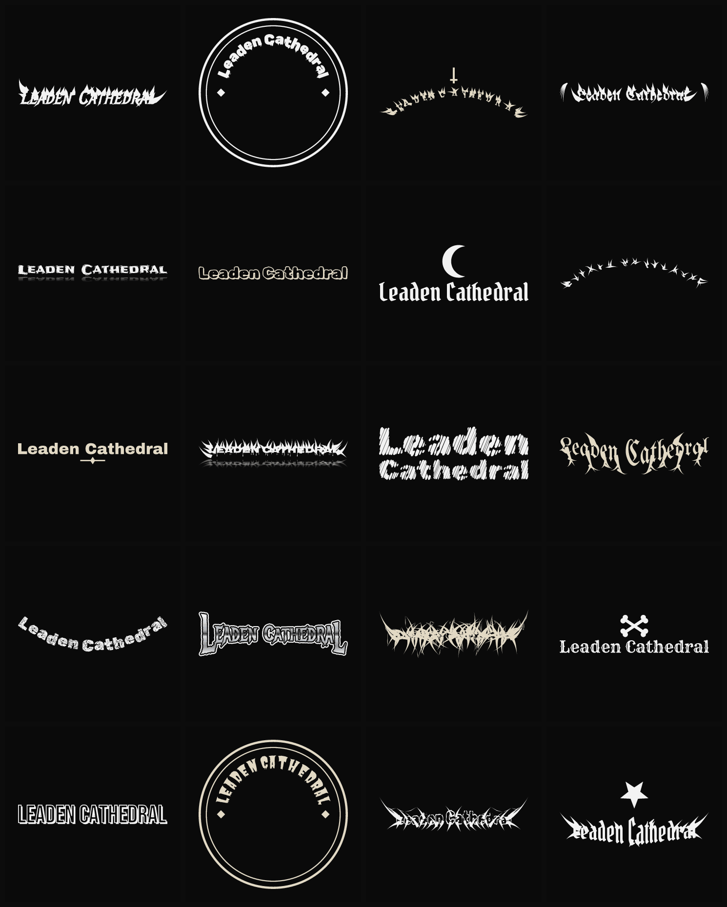 Twenty Leaden Cathedral band logo ideas — different faces, treatments and spike settings