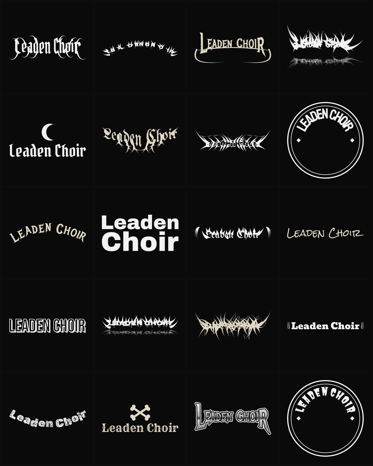Twenty Leaden Choir band logo ideas — different faces, treatments and spike settings