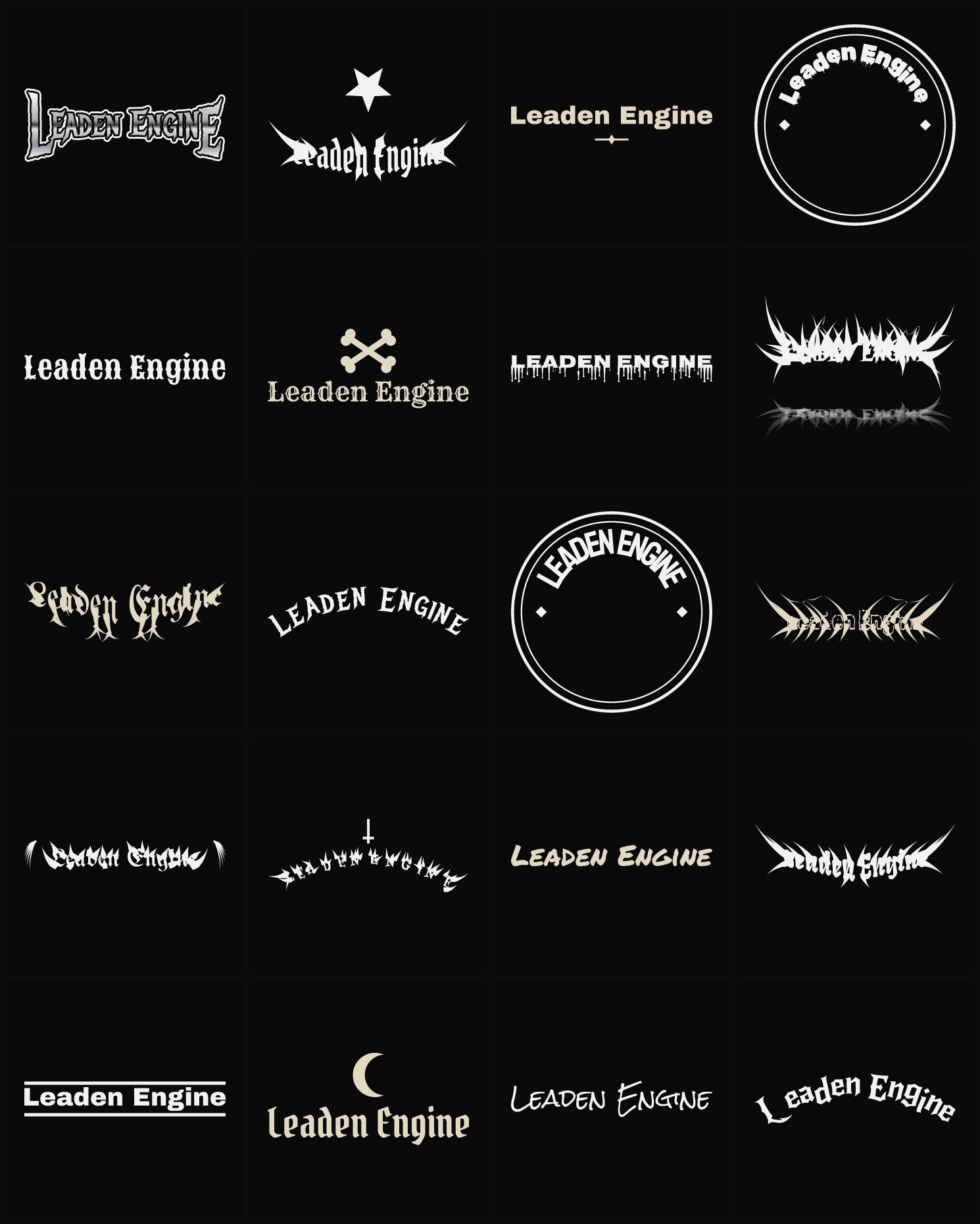 Twenty Leaden Engine band logo ideas — different faces, treatments and spike settings
