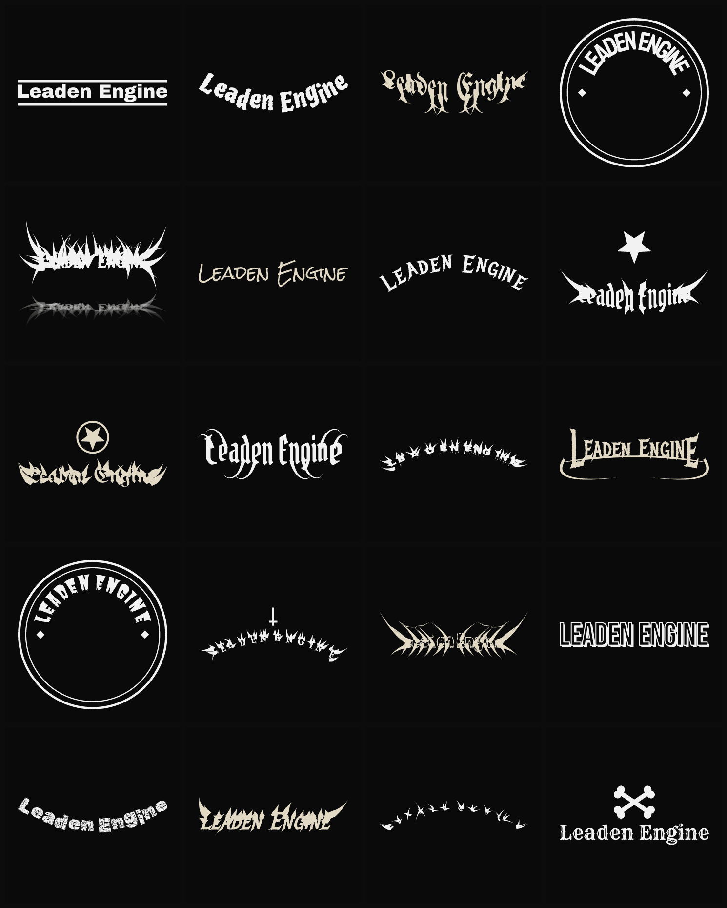Twenty Leaden Engine band logo ideas — different faces, treatments and spike settings