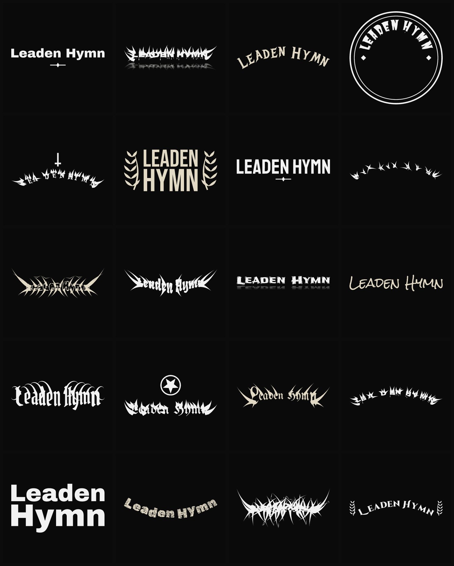 Twenty Leaden Hymn band logo ideas — different faces, treatments and spike settings