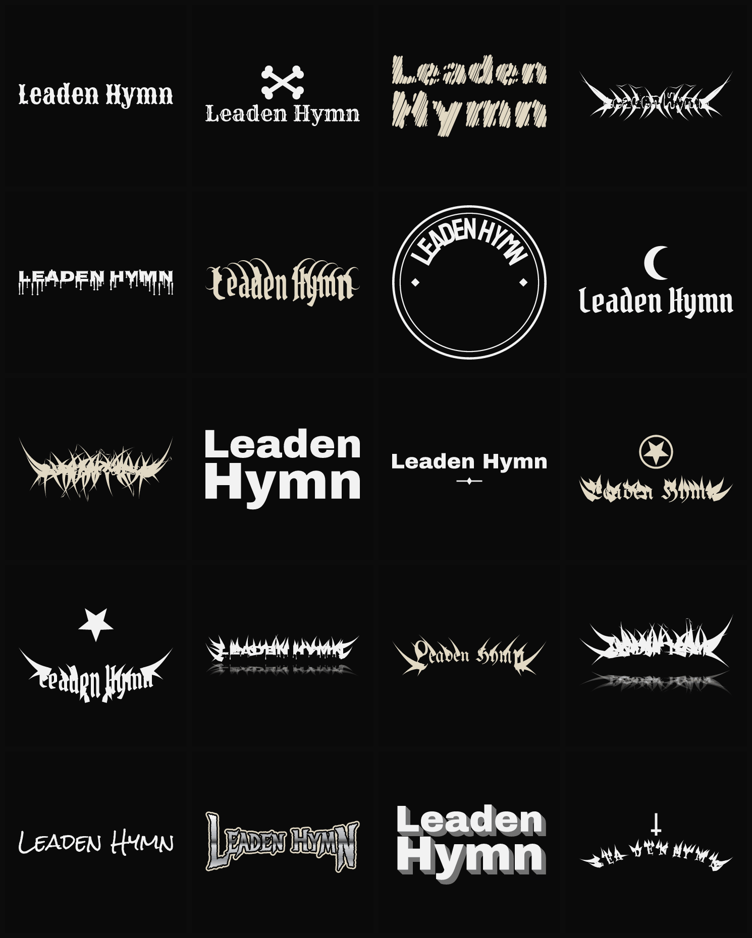 Twenty Leaden Hymn band logo ideas — different faces, treatments and spike settings