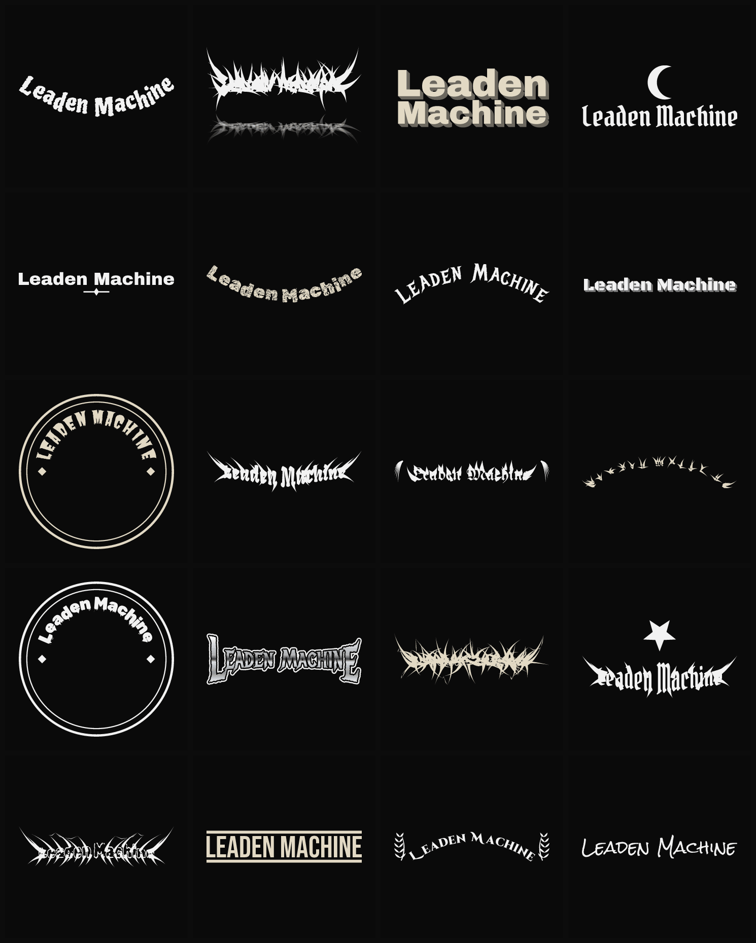 Twenty Leaden Machine band logo ideas — different faces, treatments and spike settings