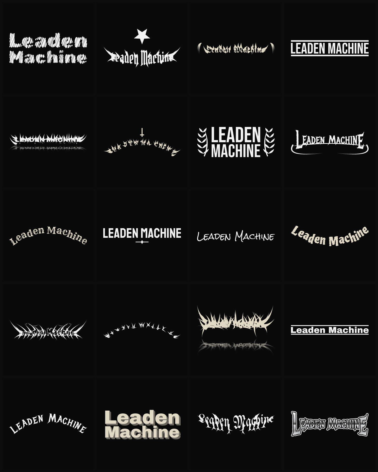 Twenty Leaden Machine band logo ideas — different faces, treatments and spike settings