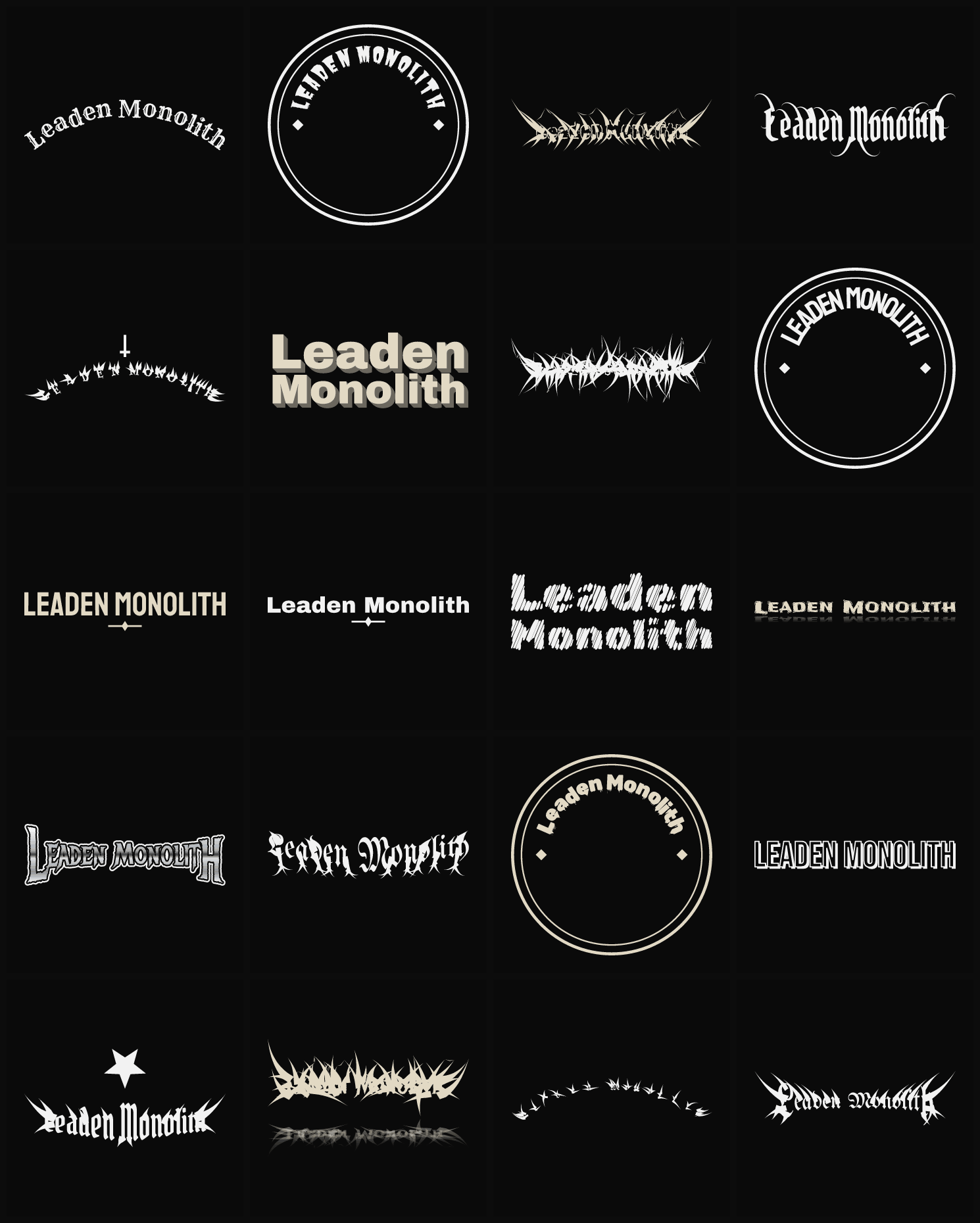 Twenty Leaden Monolith band logo ideas — different faces, treatments and spike settings