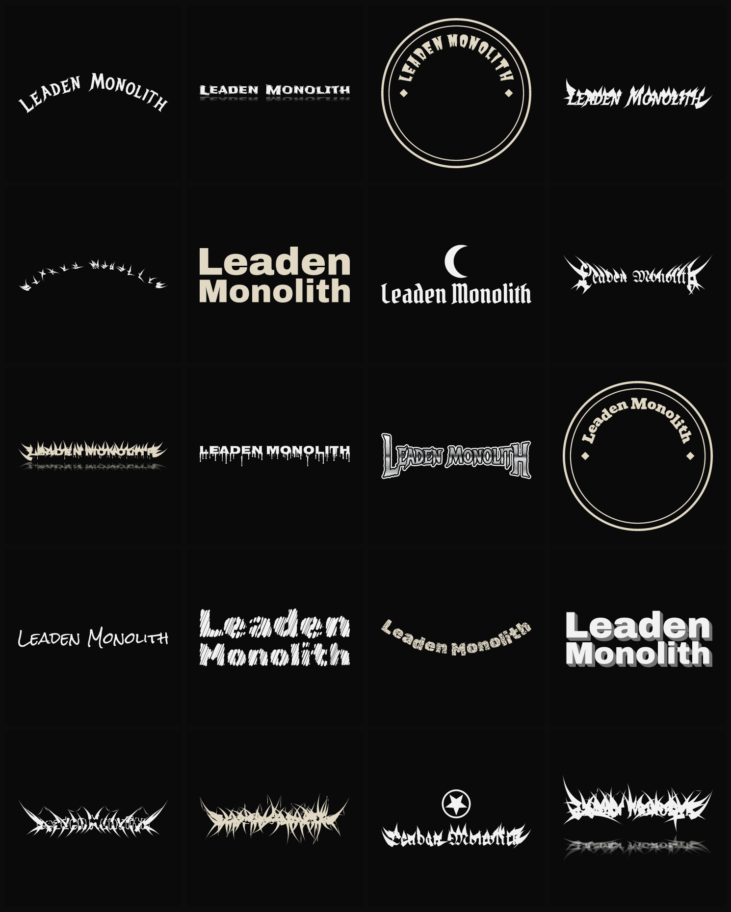 Twenty Leaden Monolith band logo ideas — different faces, treatments and spike settings
