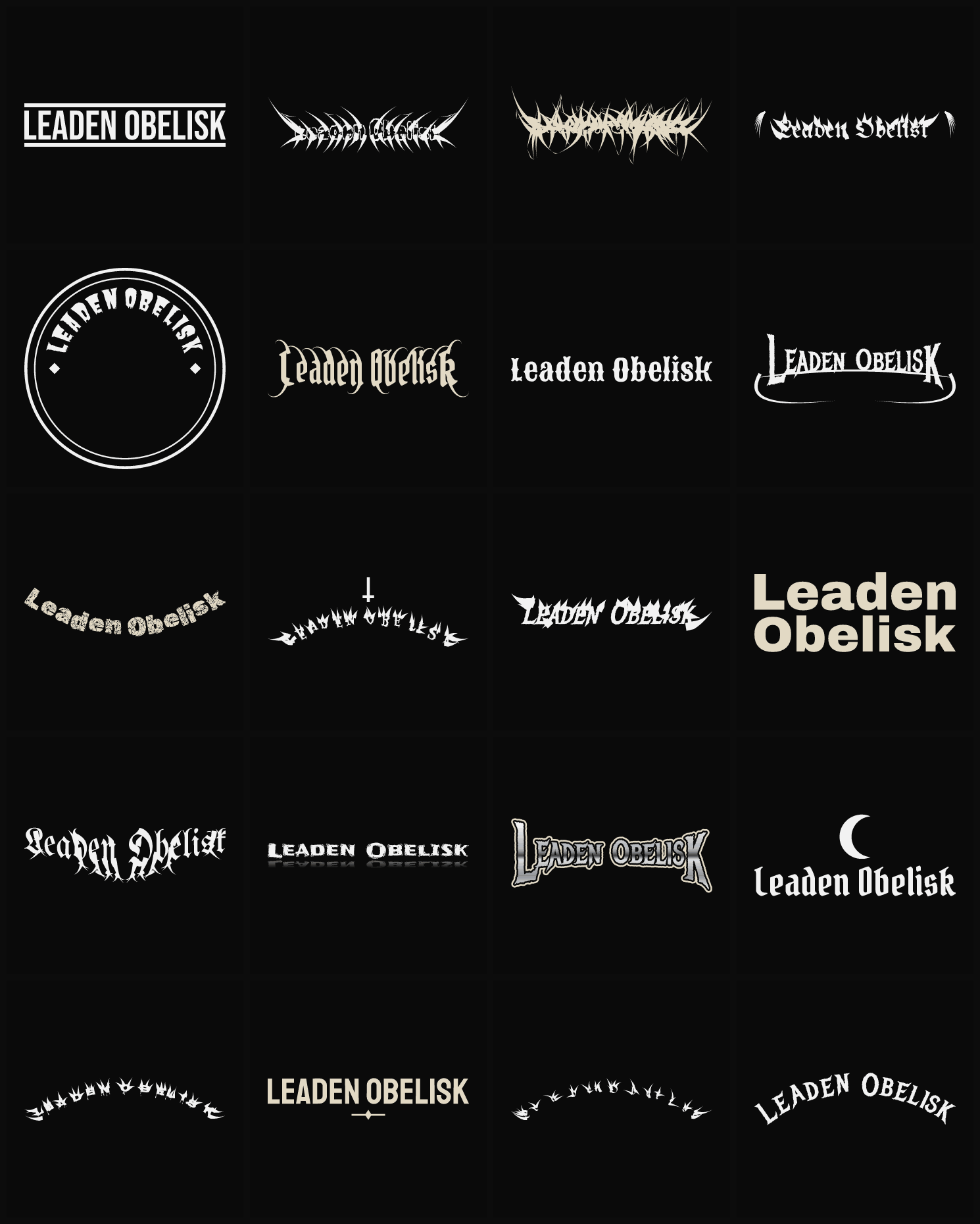 Twenty Leaden Obelisk band logo ideas — different faces, treatments and spike settings