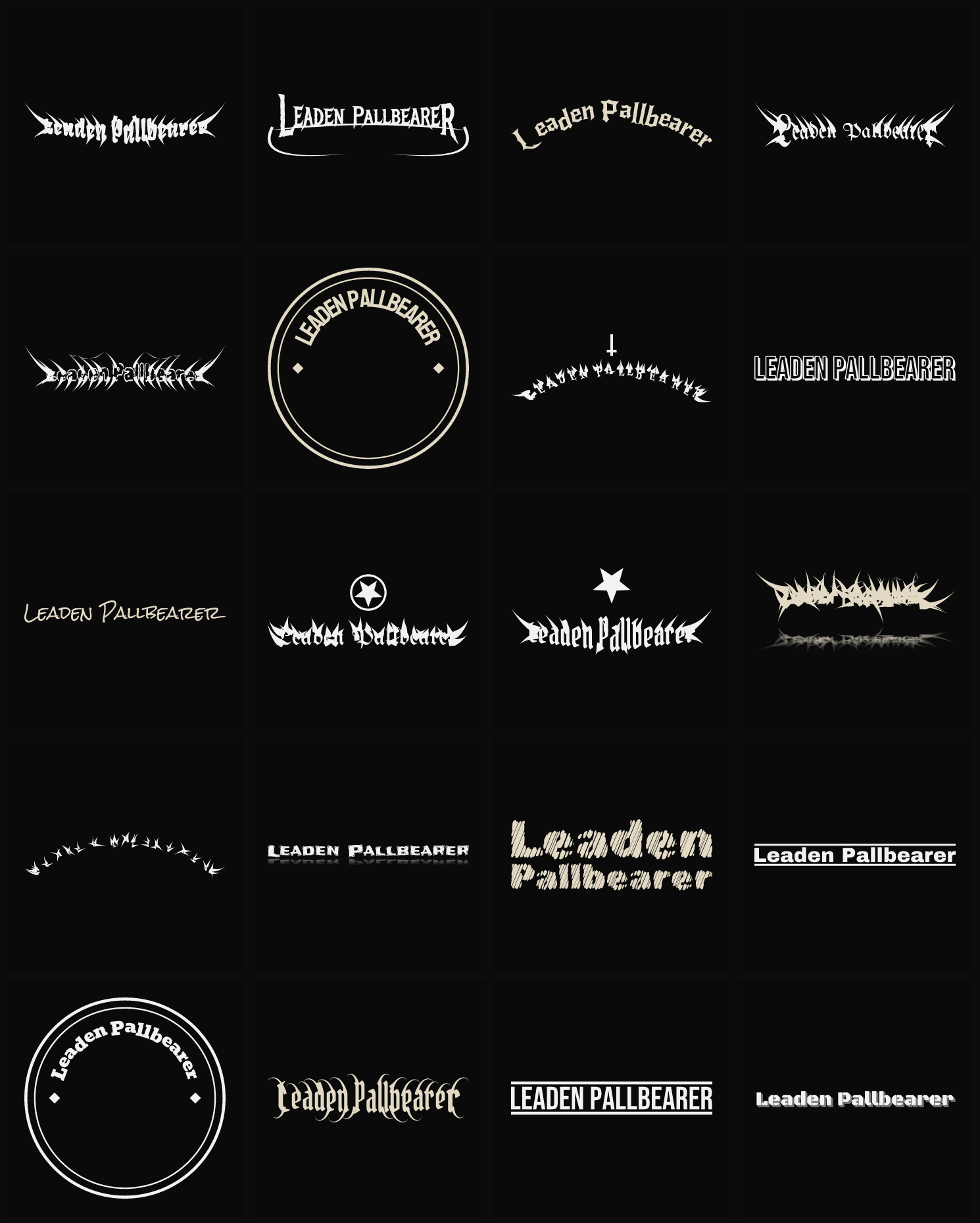 Twenty Leaden Pallbearer band logo ideas — different faces, treatments and spike settings