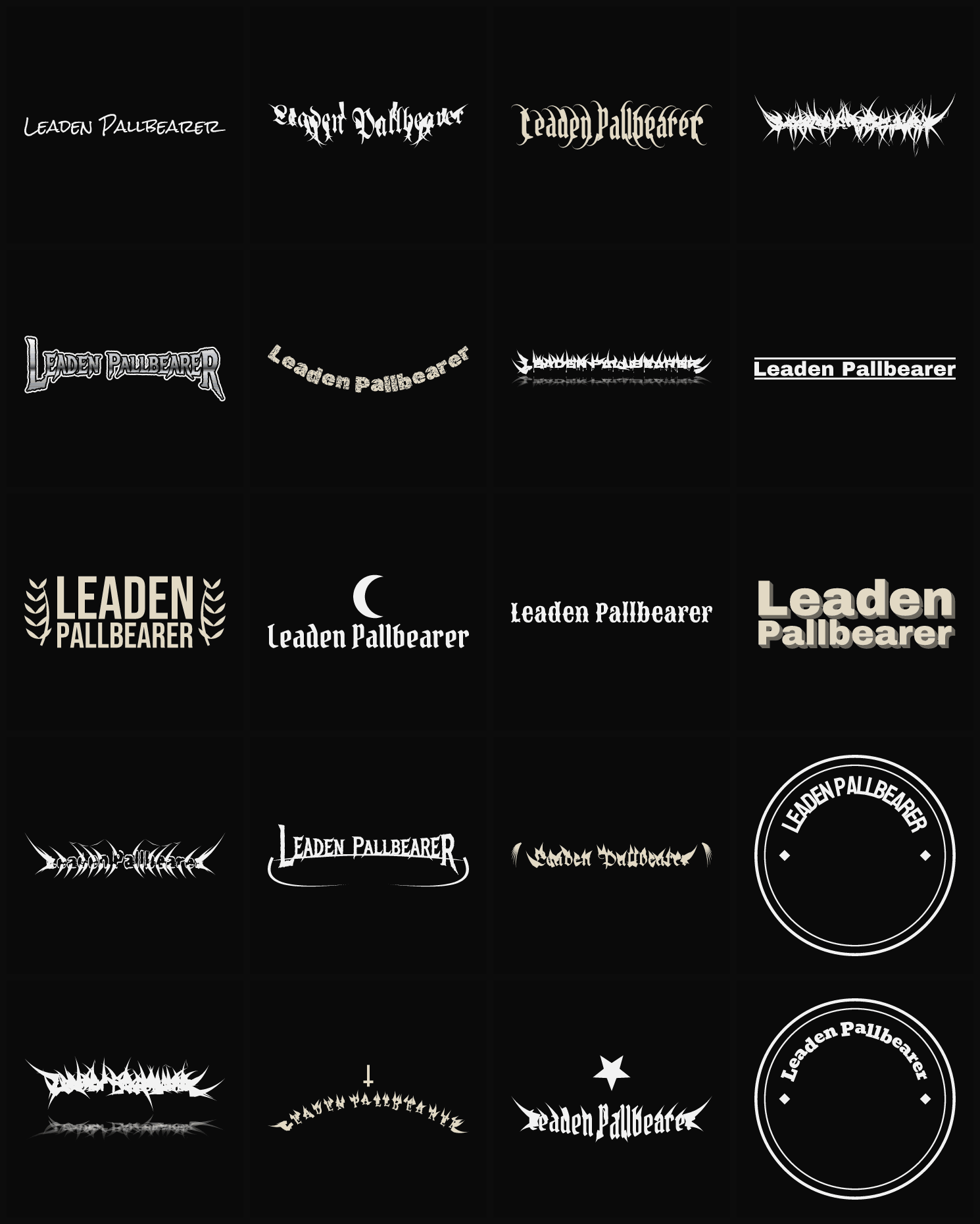 Twenty Leaden Pallbearer band logo ideas — different faces, treatments and spike settings