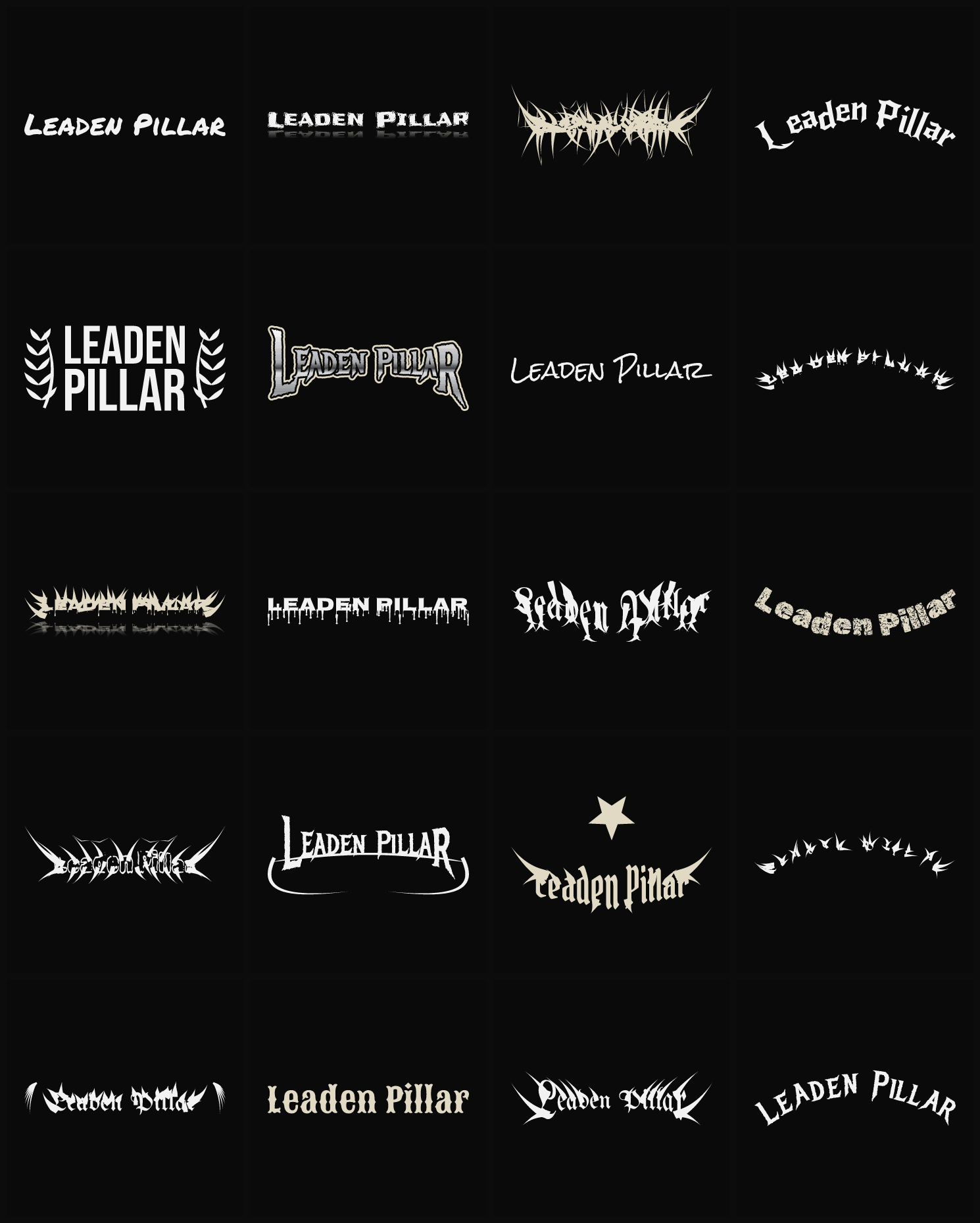 Twenty Leaden Pillar band logo ideas — different faces, treatments and spike settings