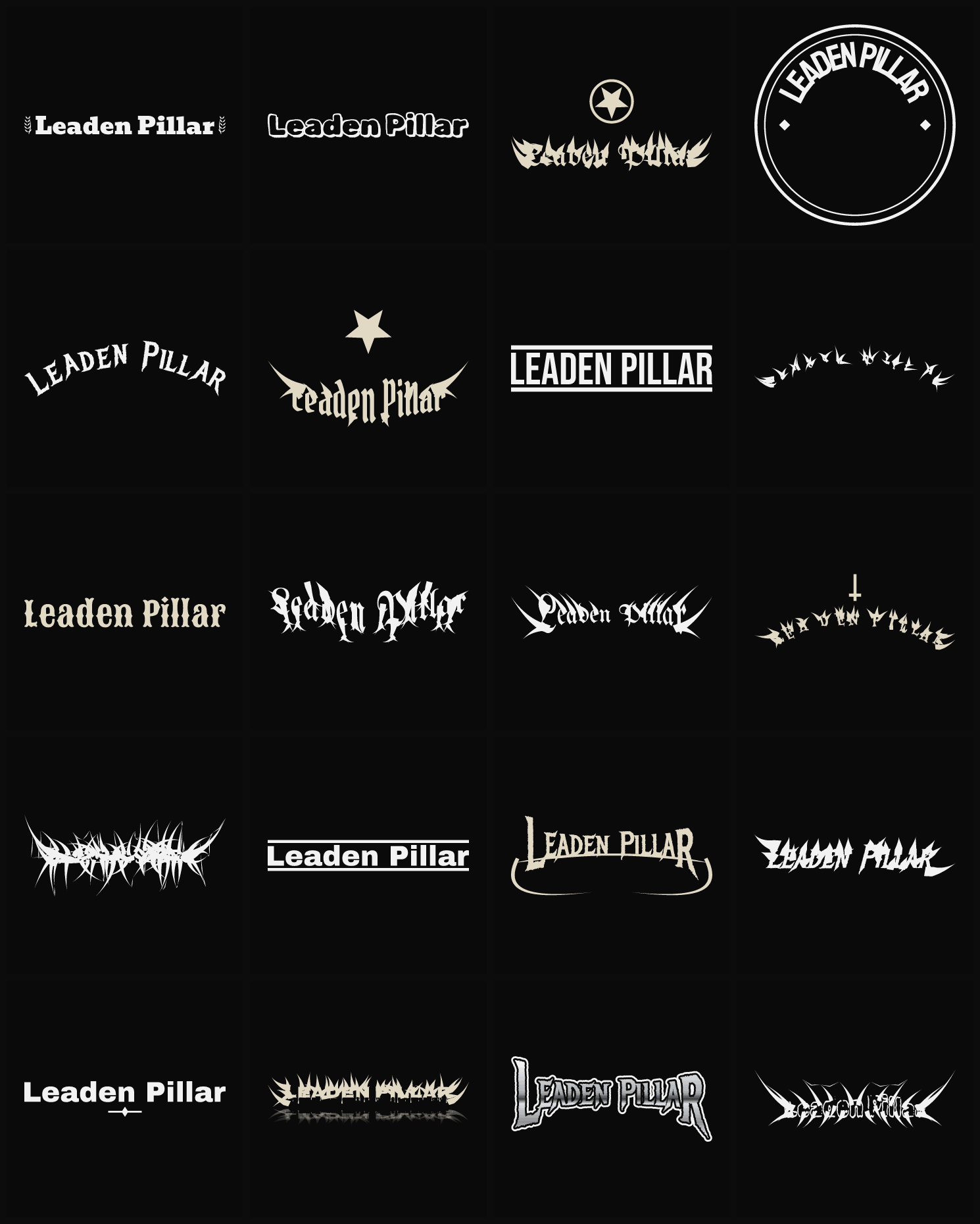 Twenty Leaden Pillar band logo ideas — different faces, treatments and spike settings