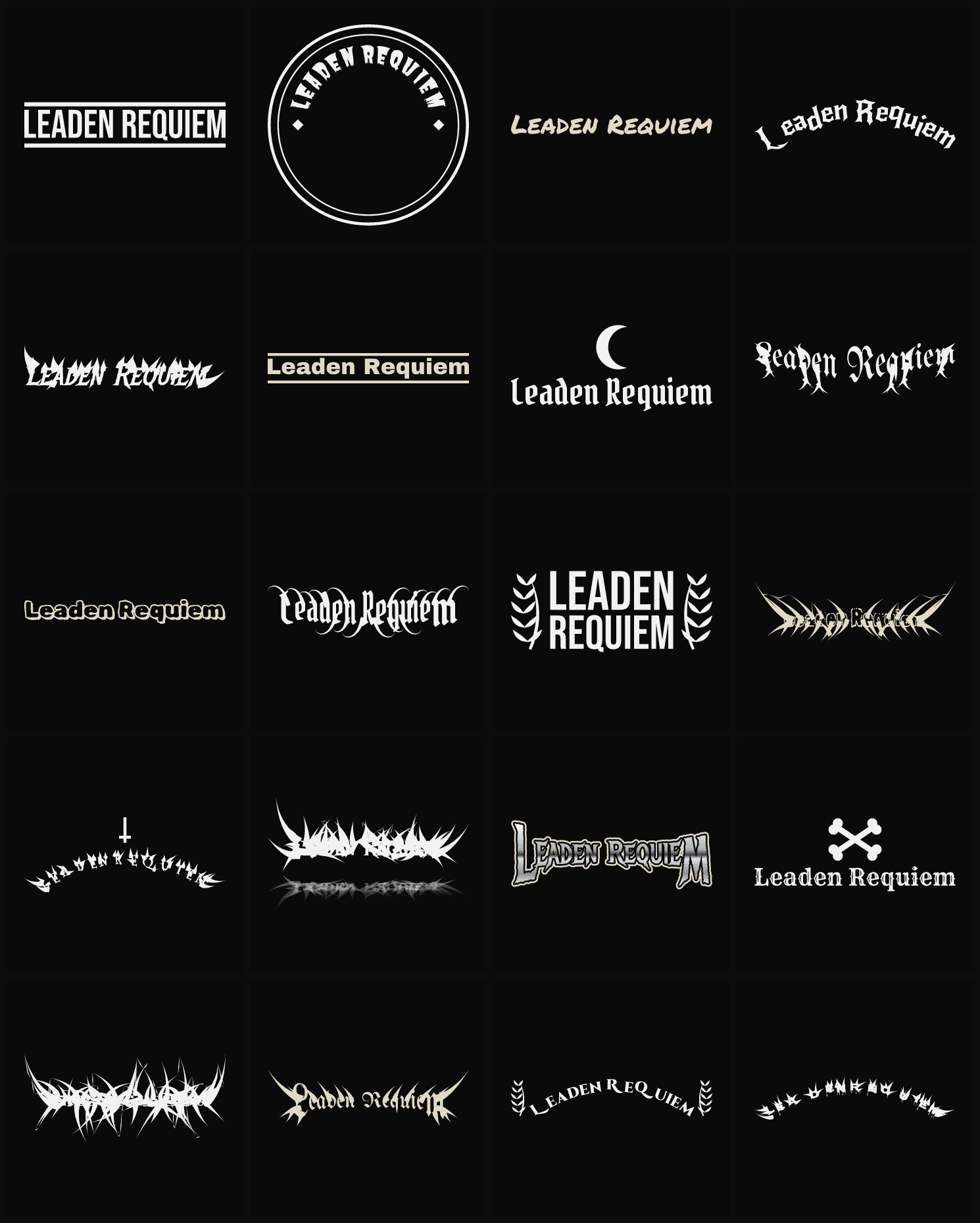 Twenty Leaden Requiem band logo ideas — different faces, treatments and spike settings