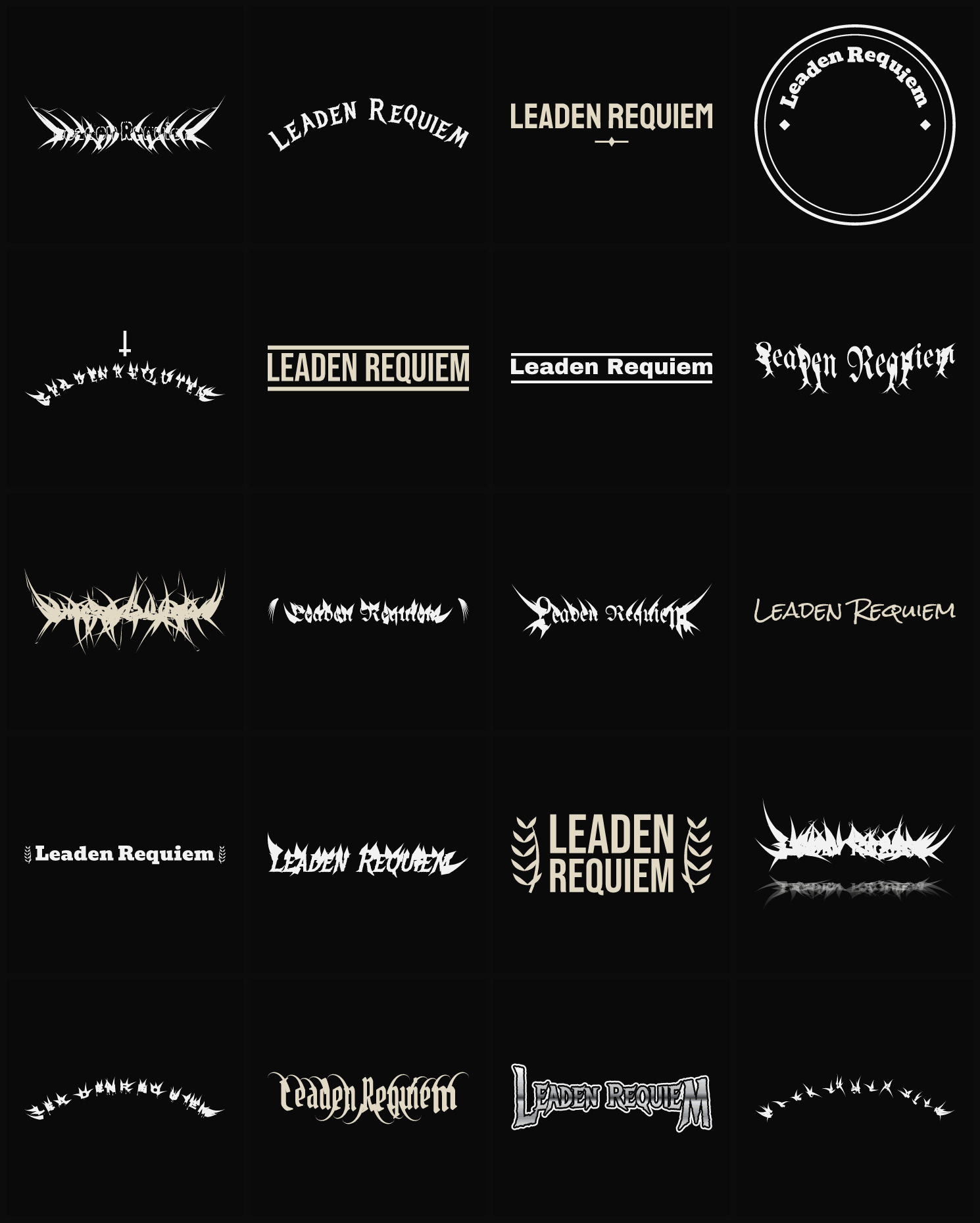 Twenty Leaden Requiem band logo ideas — different faces, treatments and spike settings