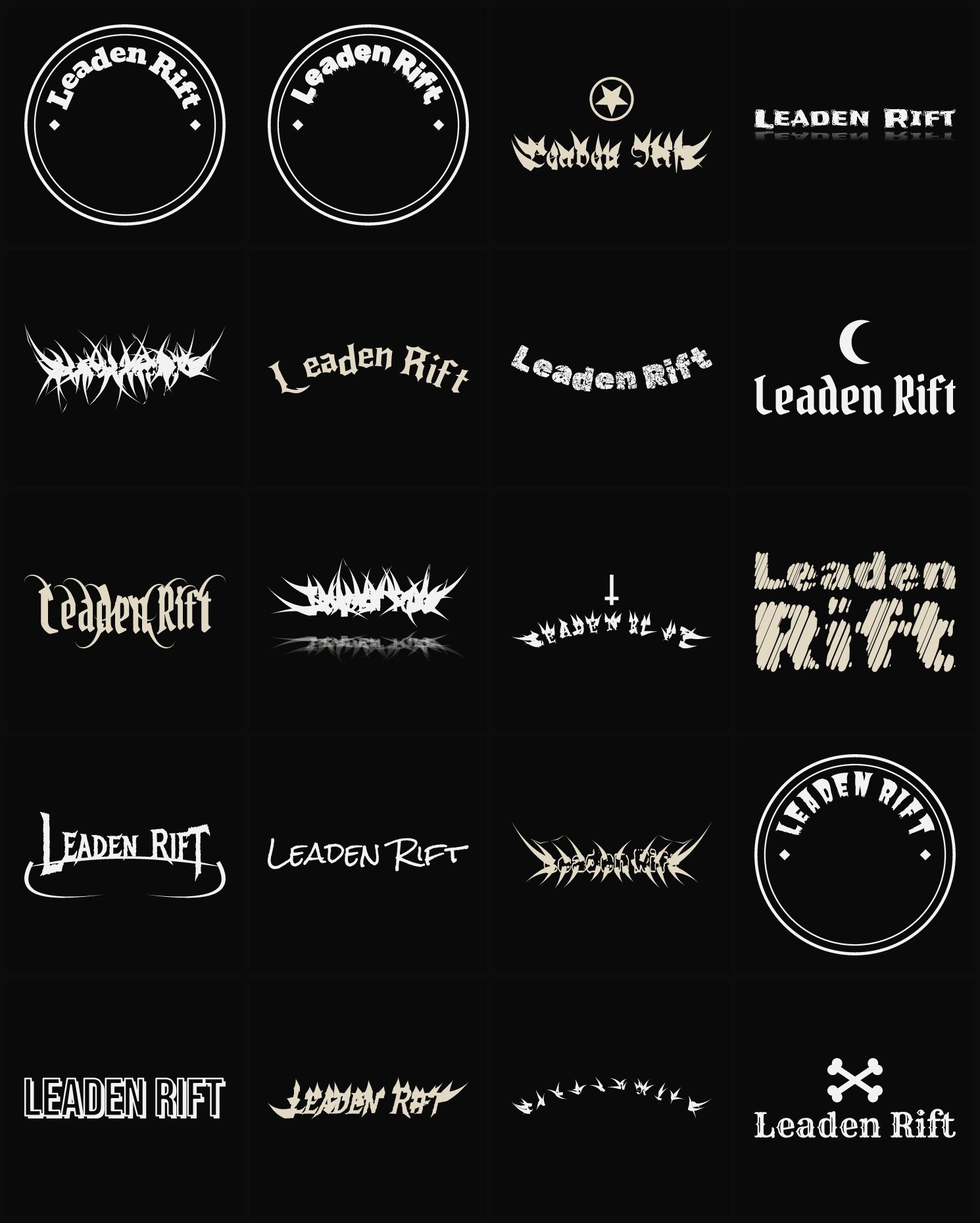 Twenty Leaden Rift band logo ideas — different faces, treatments and spike settings