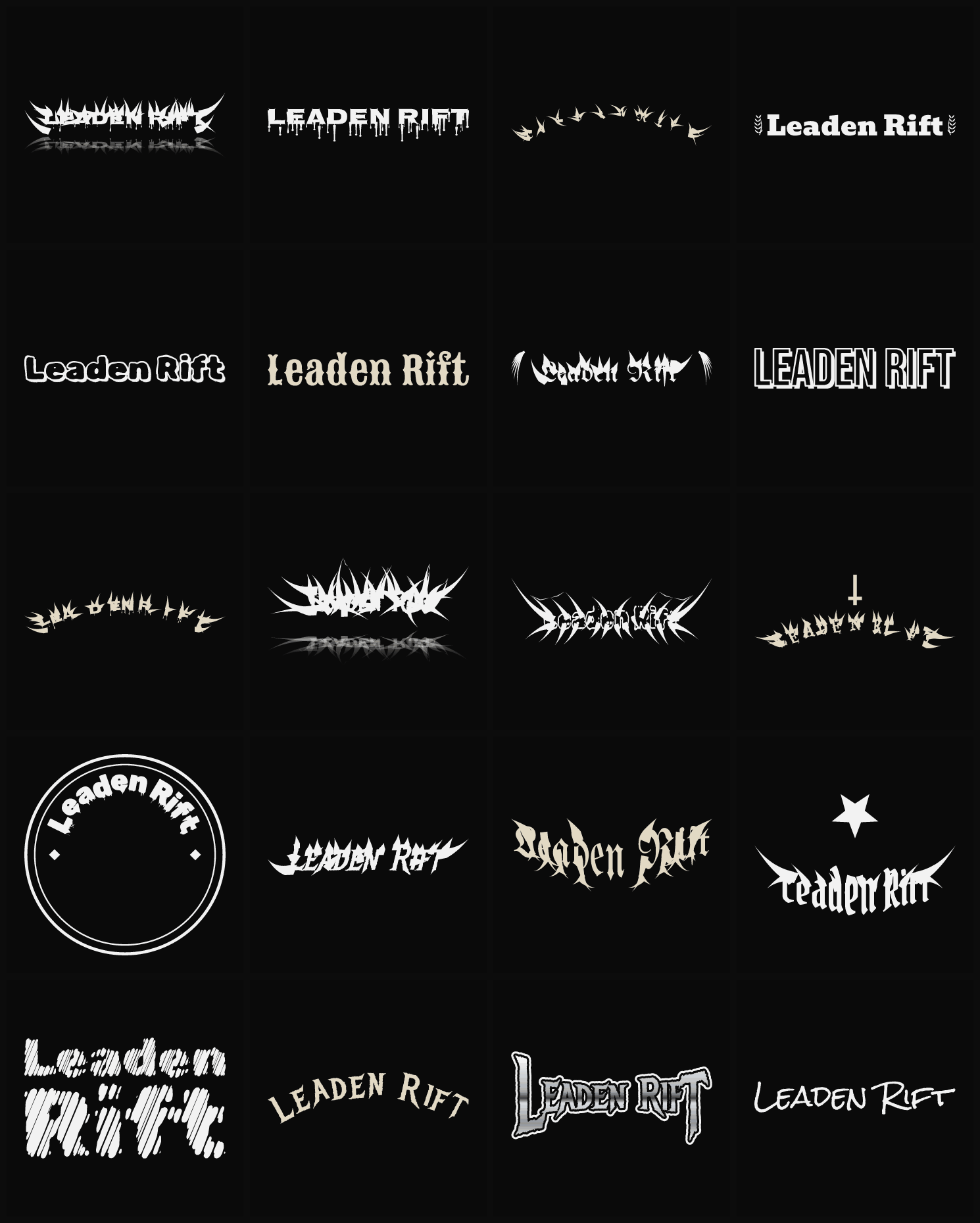 Twenty Leaden Rift band logo ideas — different faces, treatments and spike settings
