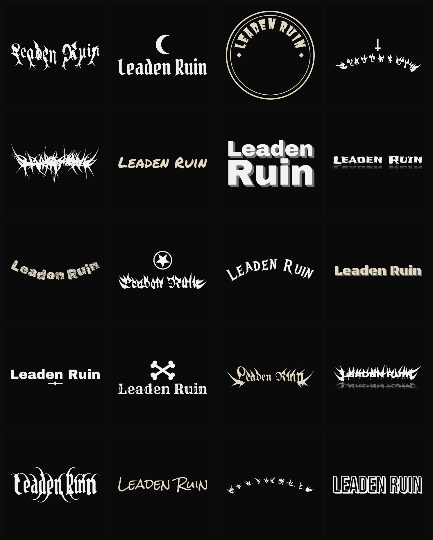 Twenty Leaden Ruin band logo ideas — different faces, treatments and spike settings