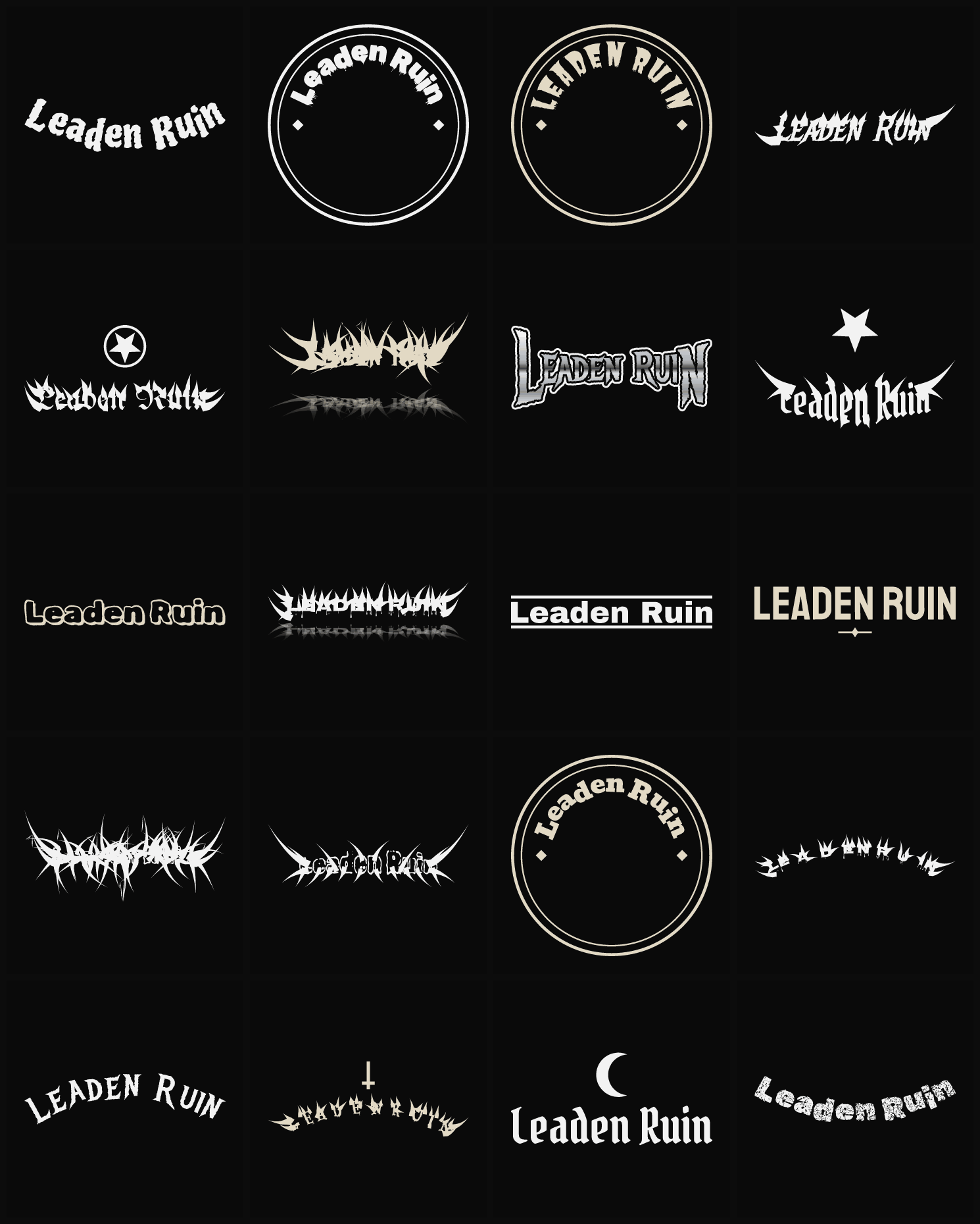 Twenty Leaden Ruin band logo ideas — different faces, treatments and spike settings
