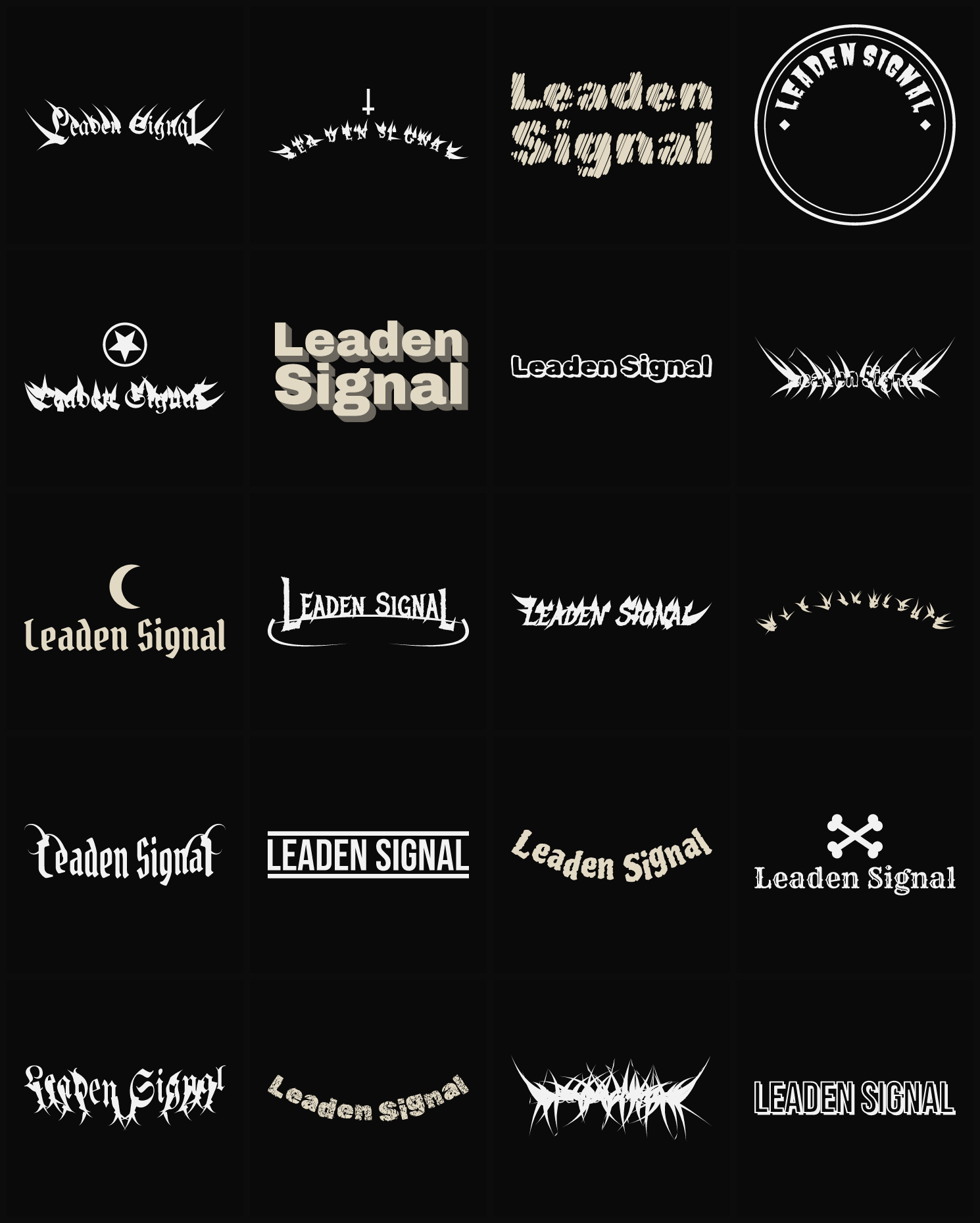 Twenty Leaden Signal band logo ideas — different faces, treatments and spike settings