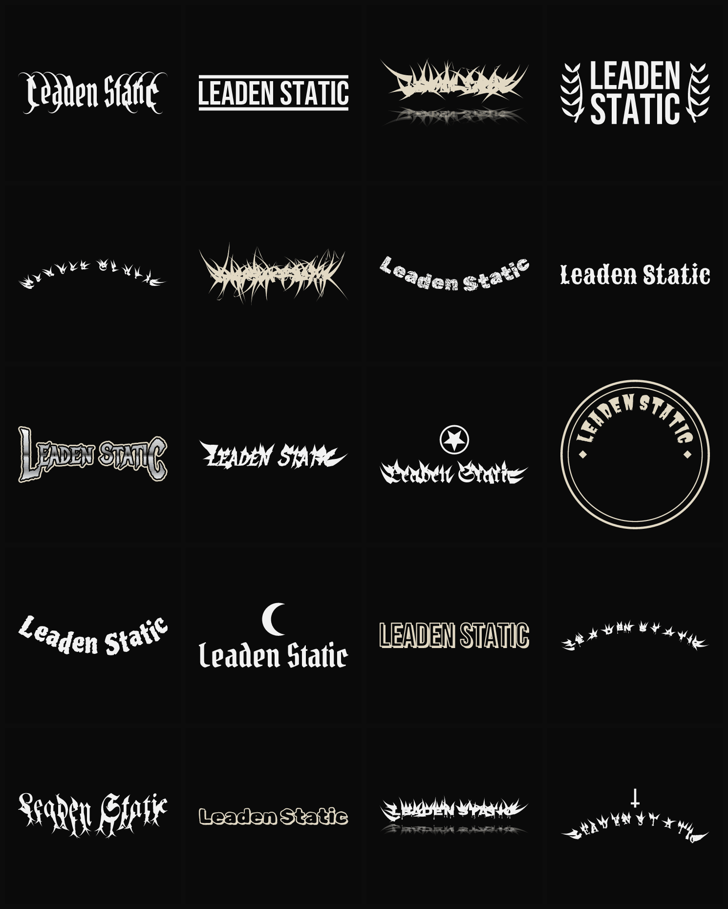 Twenty Leaden Static band logo ideas — different faces, treatments and spike settings