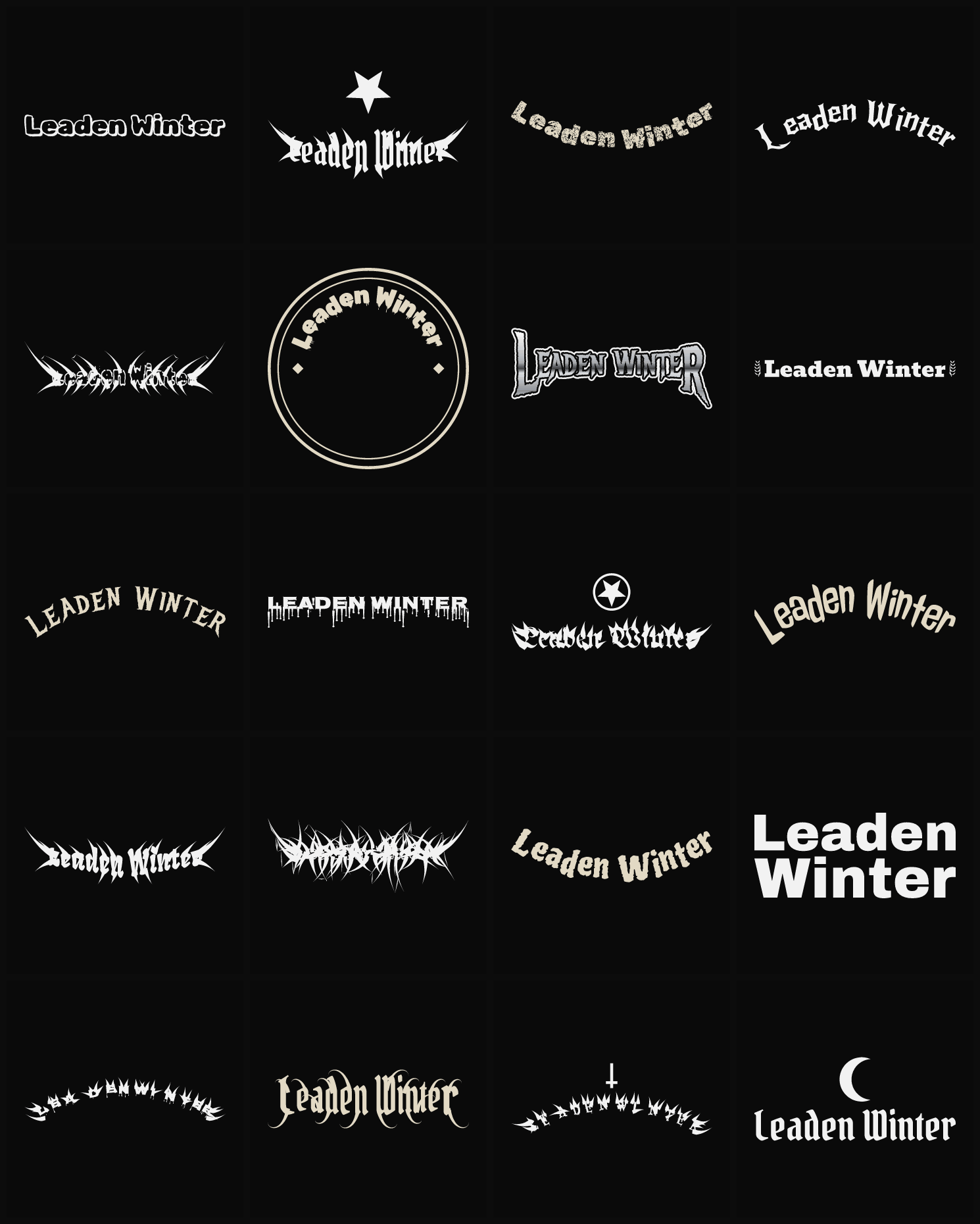 Twenty Leaden Winter band logo ideas — different faces, treatments and spike settings