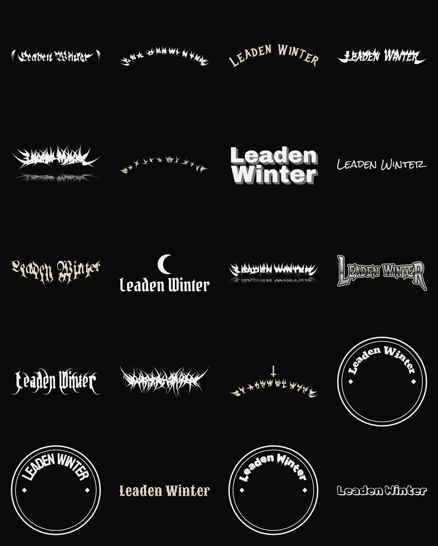 Twenty Leaden Winter band logo ideas — different faces, treatments and spike settings