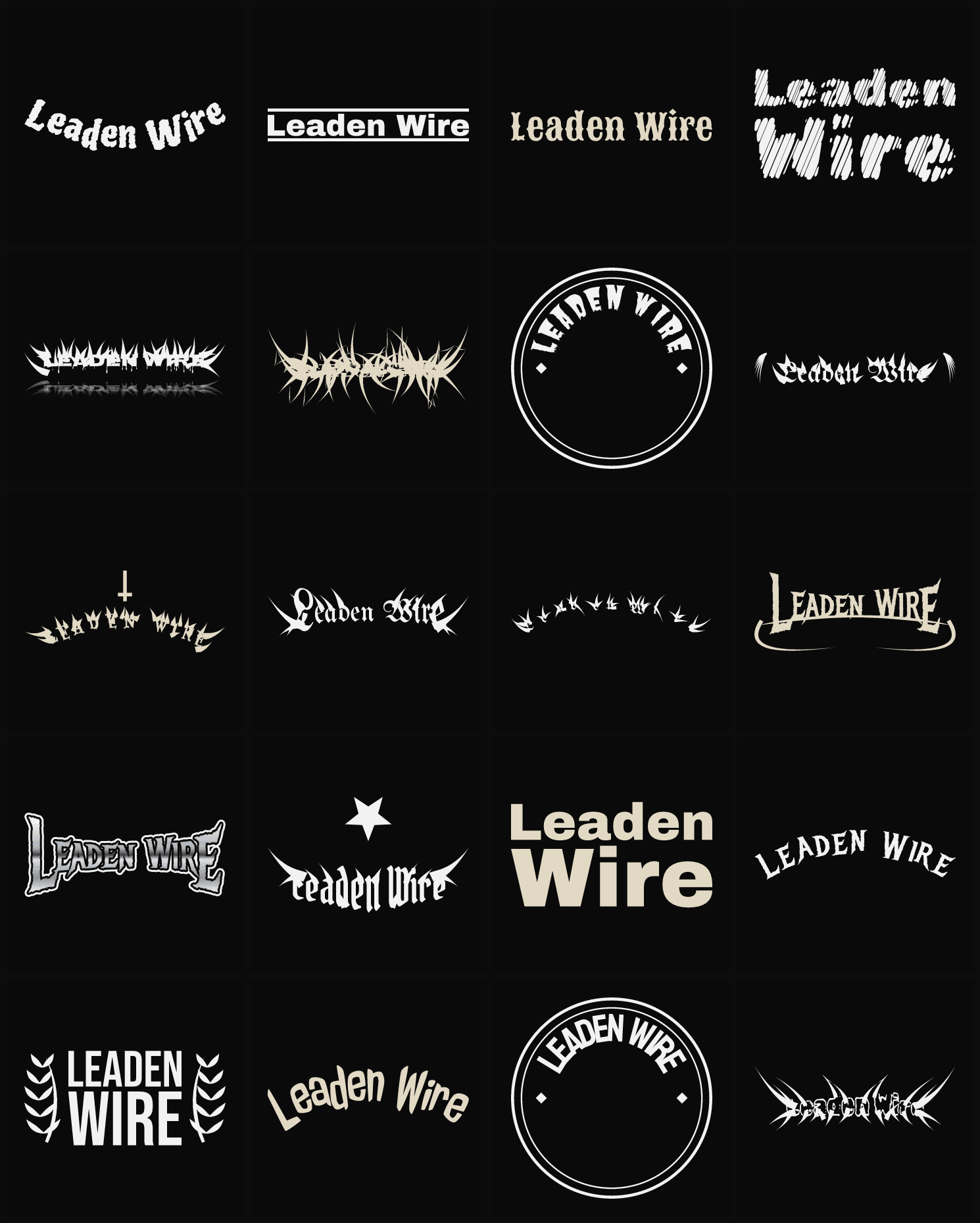 Twenty Leaden Wire band logo ideas — different faces, treatments and spike settings