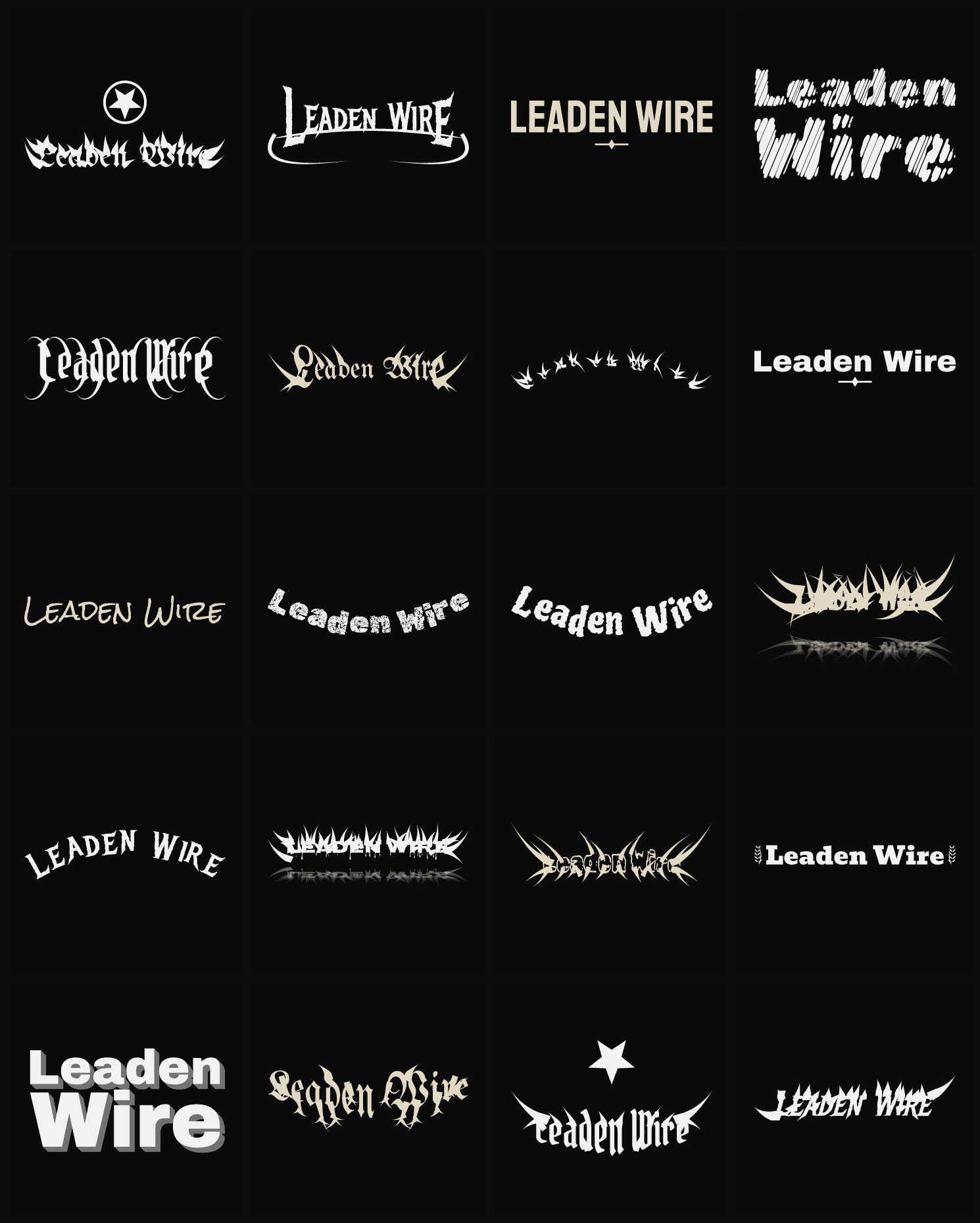 Twenty Leaden Wire band logo ideas — different faces, treatments and spike settings
