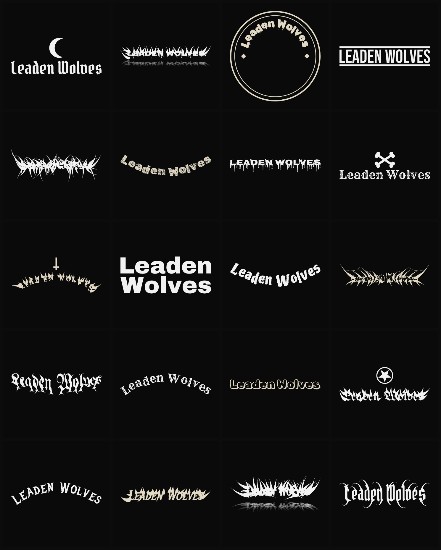 Twenty Leaden Wolves band logo ideas — different faces, treatments and spike settings
