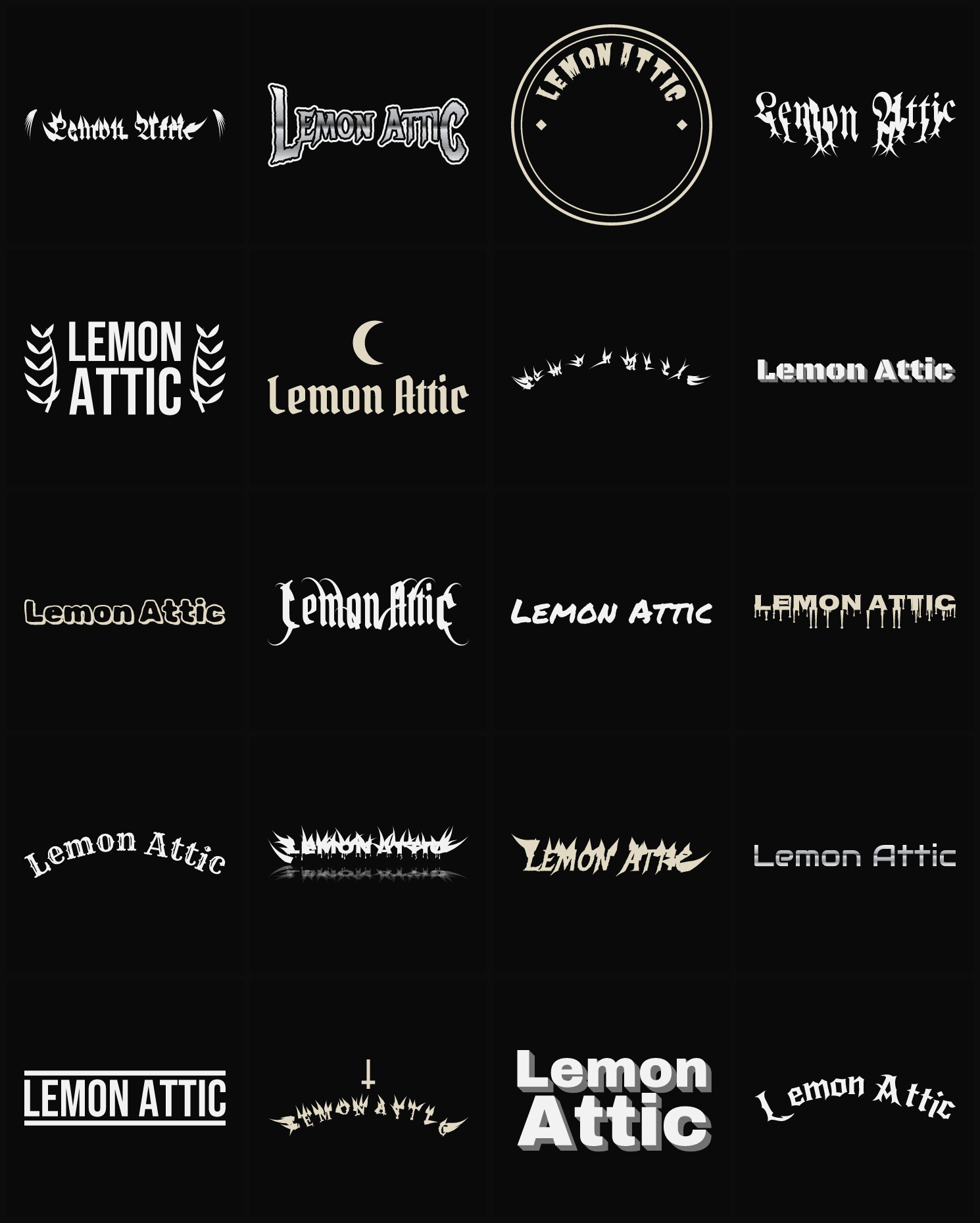 Twenty Lemon Attic band logo ideas — different faces, treatments and spike settings