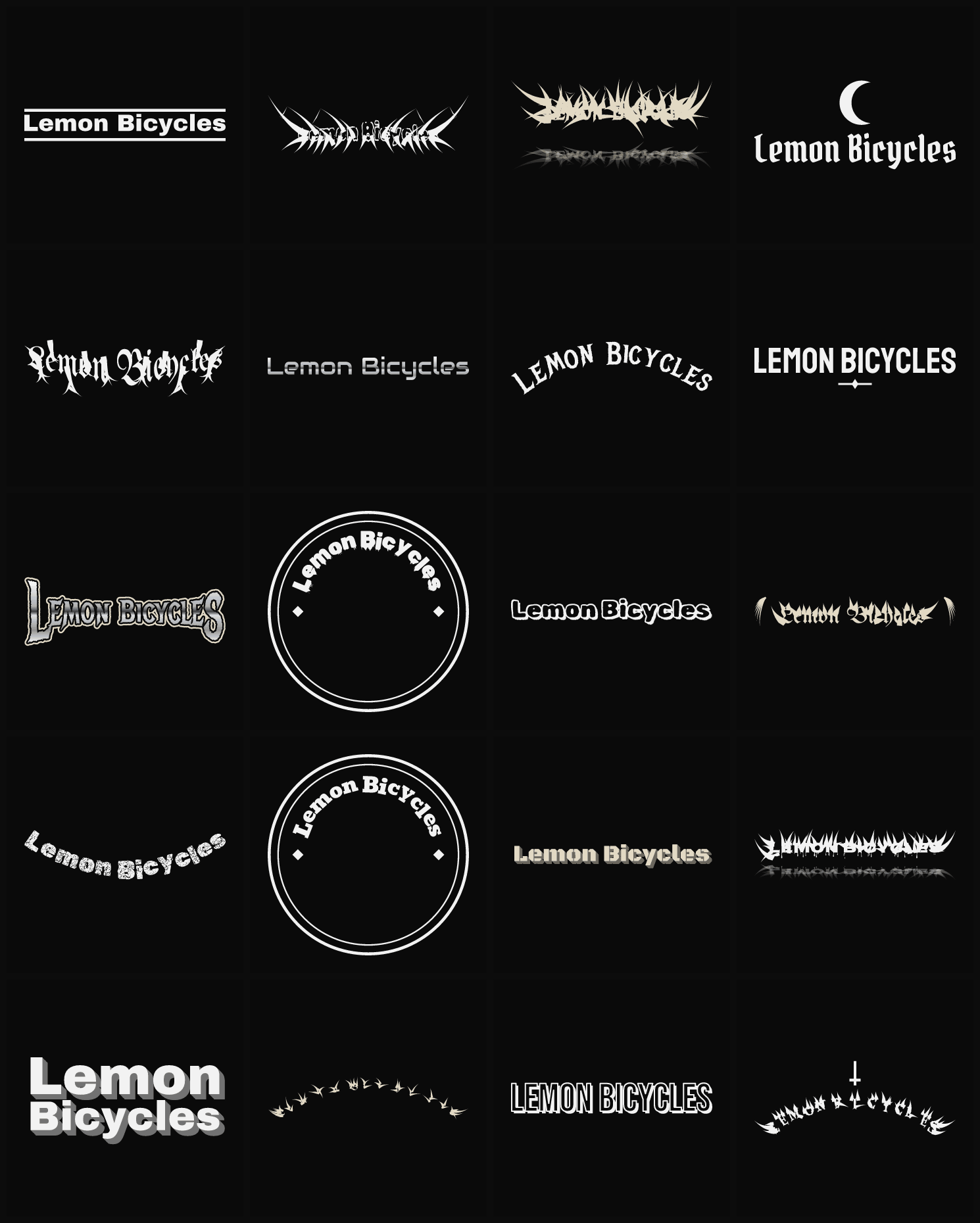 Twenty Lemon Bicycles band logo ideas — different faces, treatments and spike settings