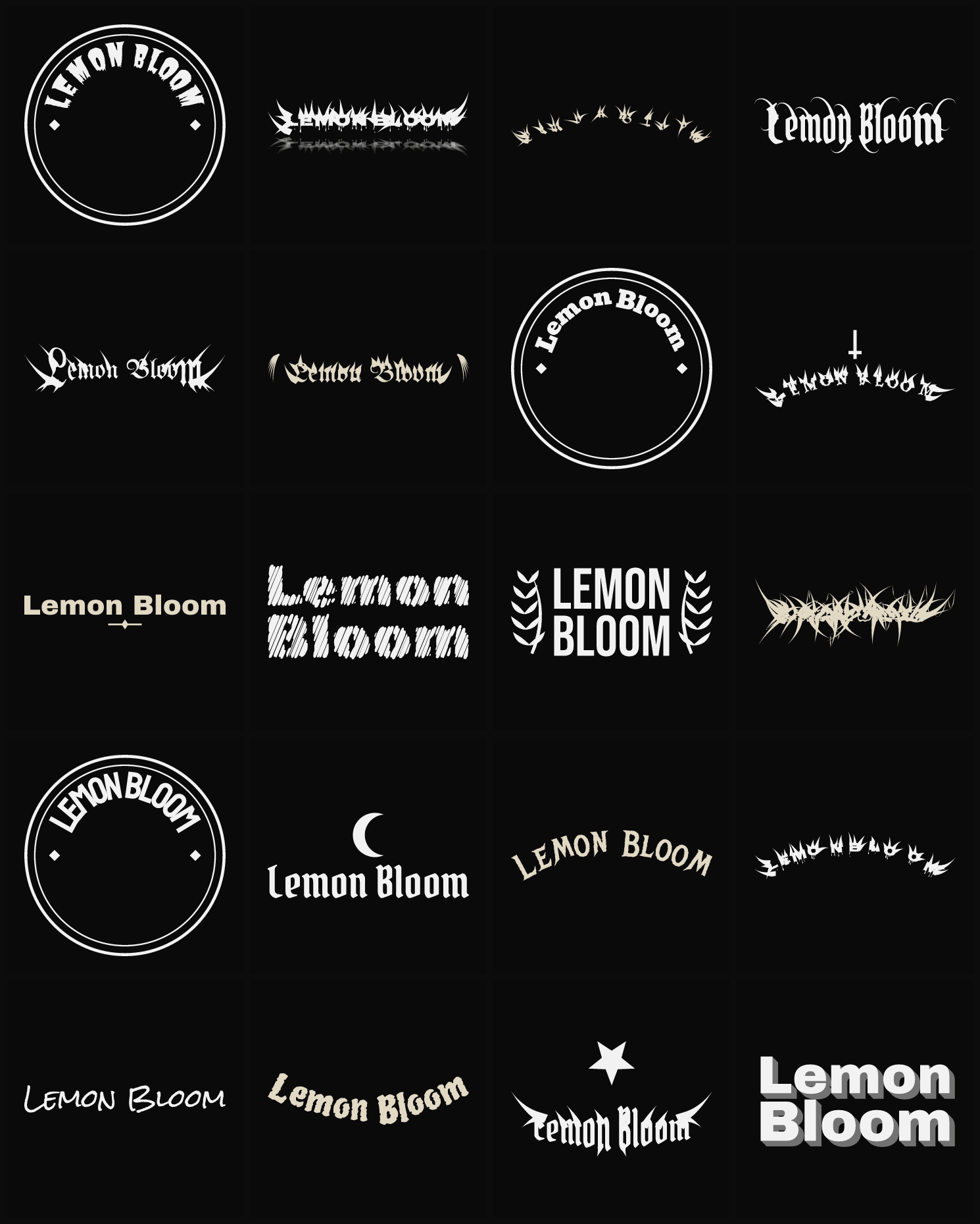 Twenty Lemon Bloom band logo ideas — different faces, treatments and spike settings