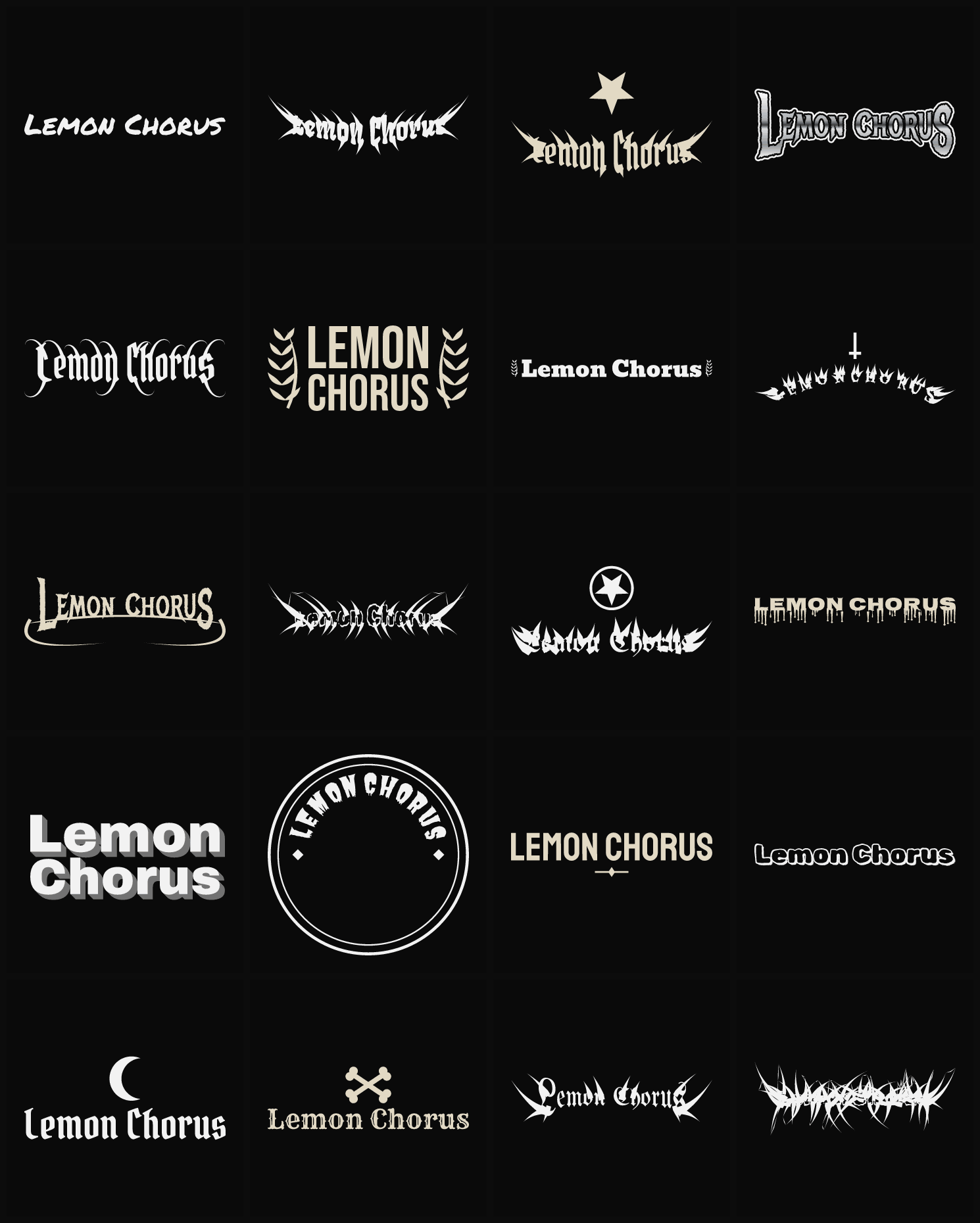Twenty Lemon Chorus band logo ideas — different faces, treatments and spike settings