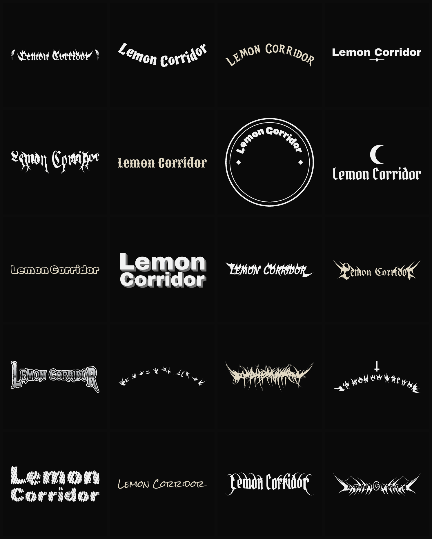 Twenty Lemon Corridor band logo ideas — different faces, treatments and spike settings