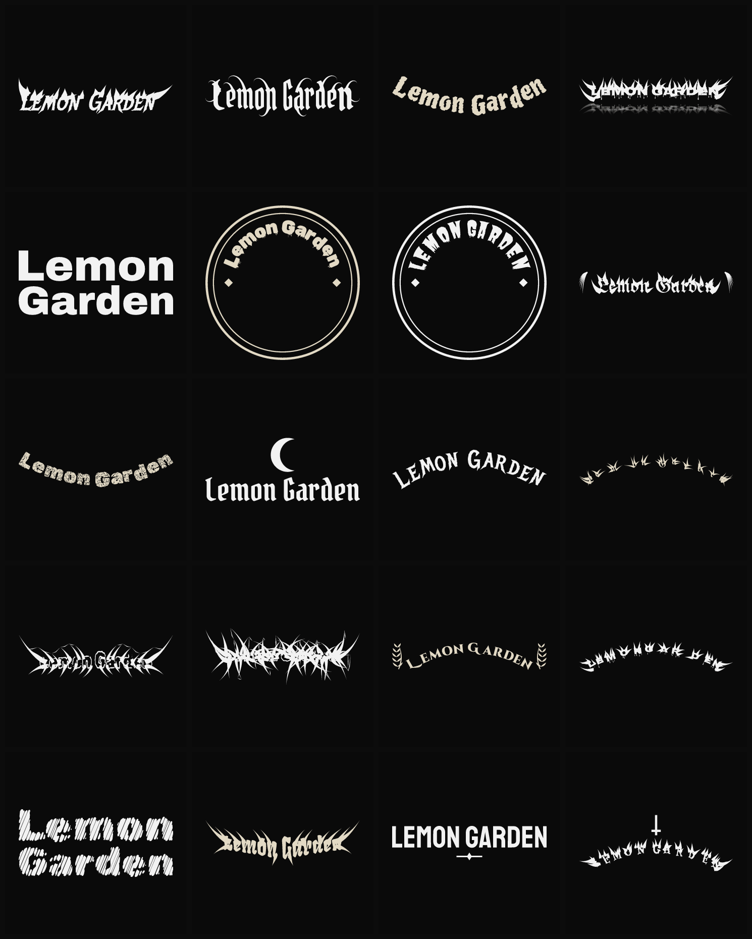 Twenty Lemon Garden band logo ideas — different faces, treatments and spike settings
