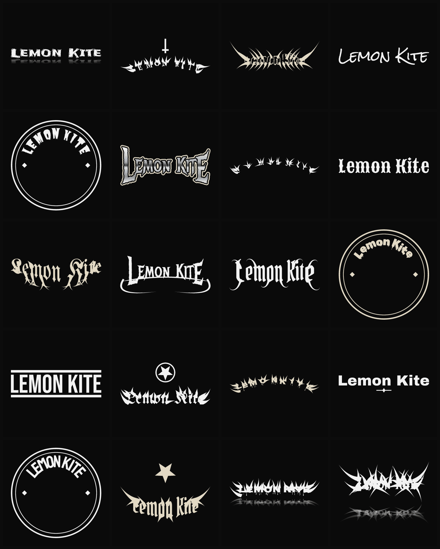 Twenty Lemon Kite band logo ideas — different faces, treatments and spike settings