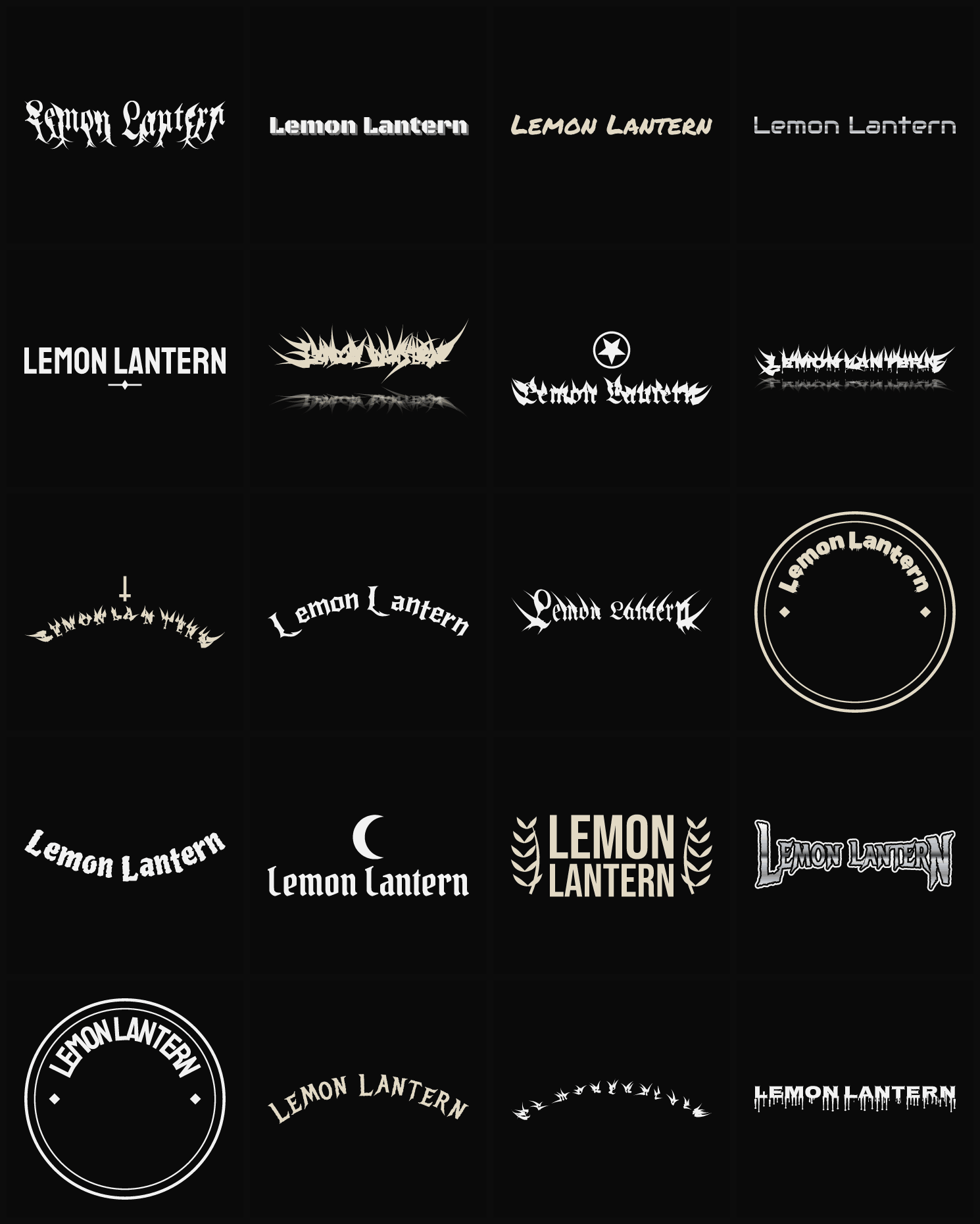 Twenty Lemon Lantern band logo ideas — different faces, treatments and spike settings