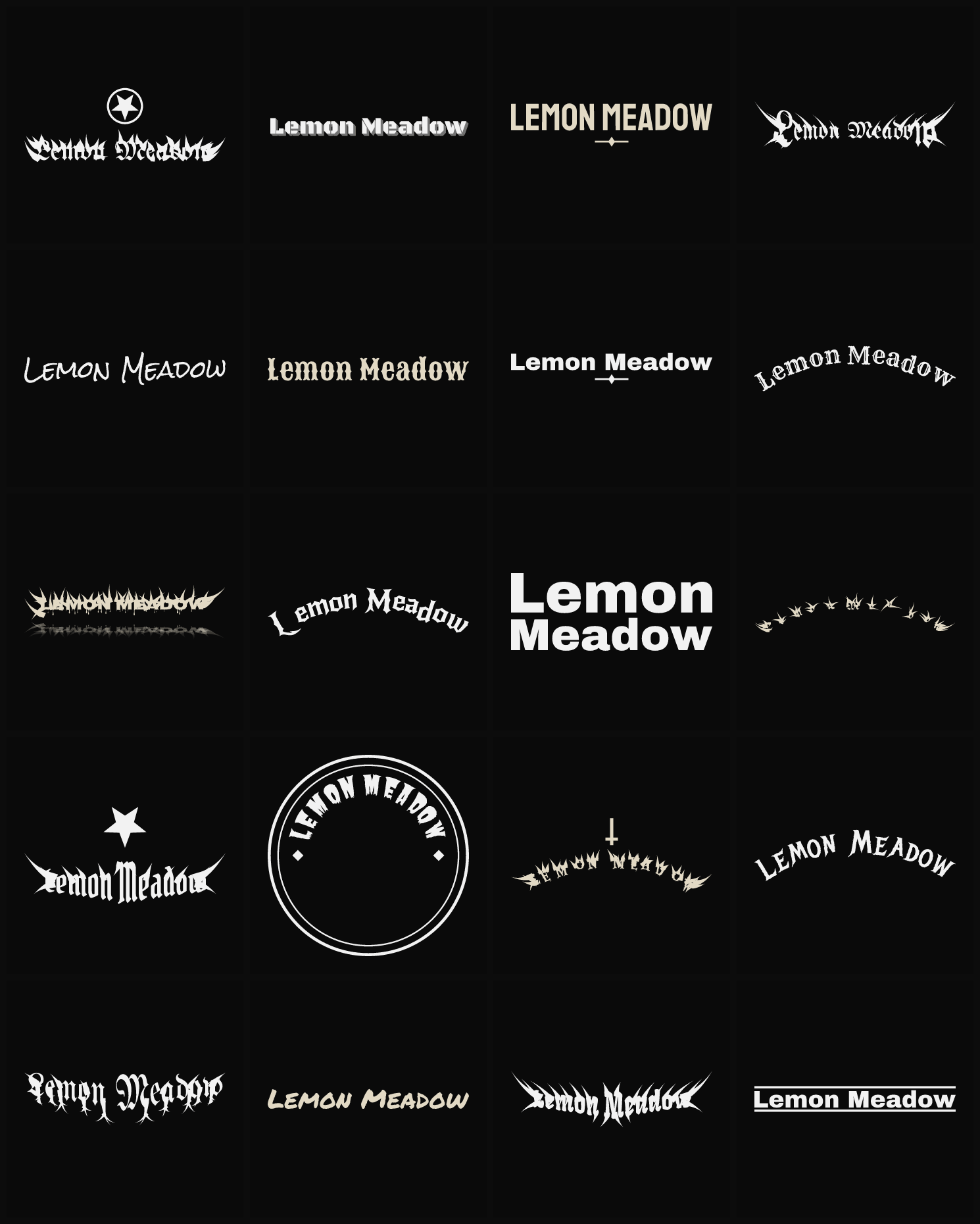 Twenty Lemon Meadow band logo ideas — different faces, treatments and spike settings