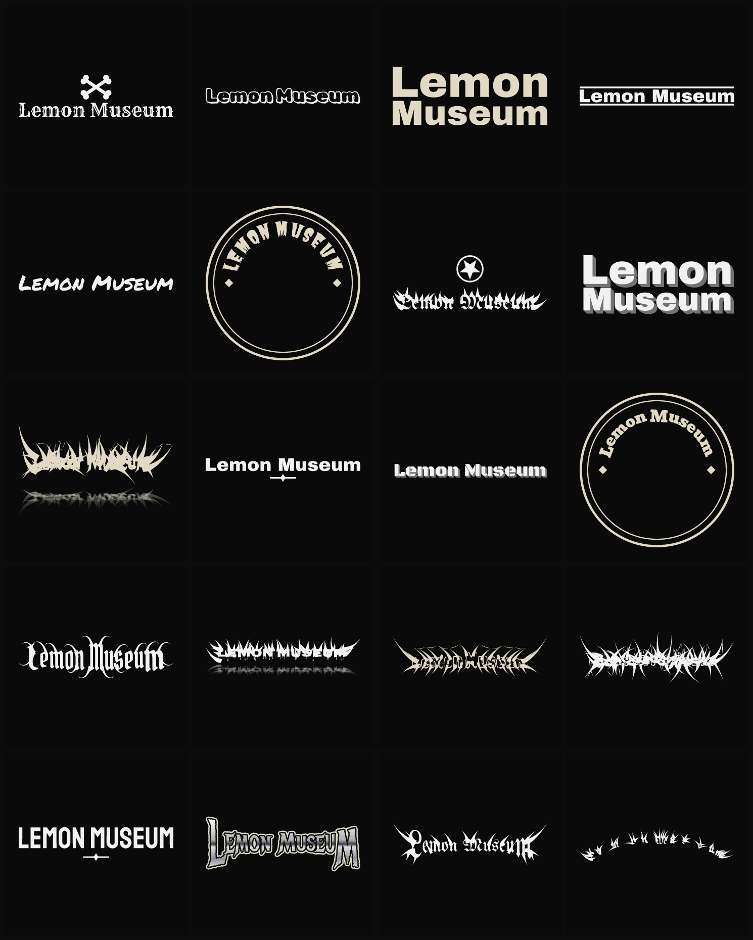 Twenty Lemon Museum band logo ideas — different faces, treatments and spike settings