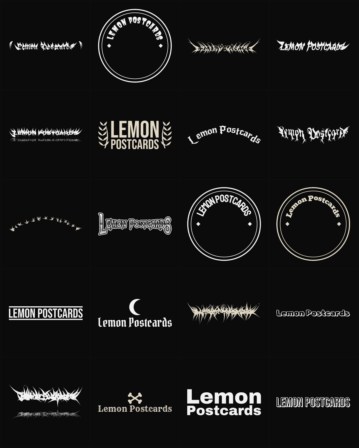 Twenty Lemon Postcards band logo ideas — different faces, treatments and spike settings