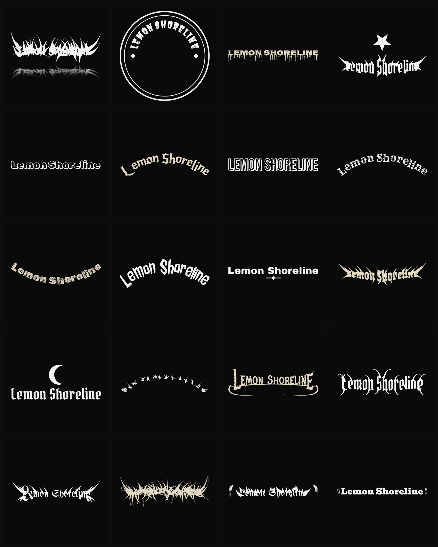 Twenty Lemon Shoreline band logo ideas — different faces, treatments and spike settings