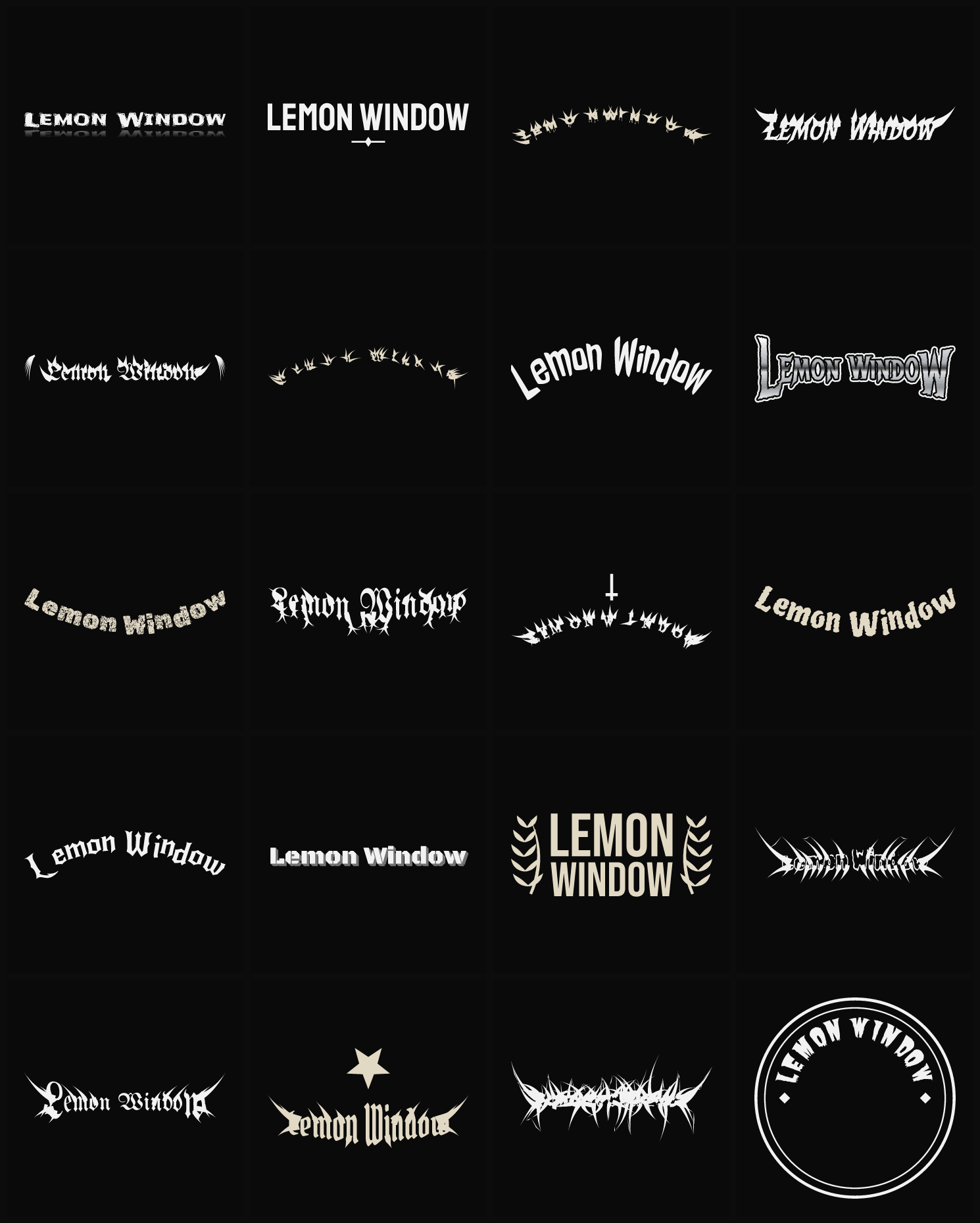 Twenty Lemon Window band logo ideas — different faces, treatments and spike settings