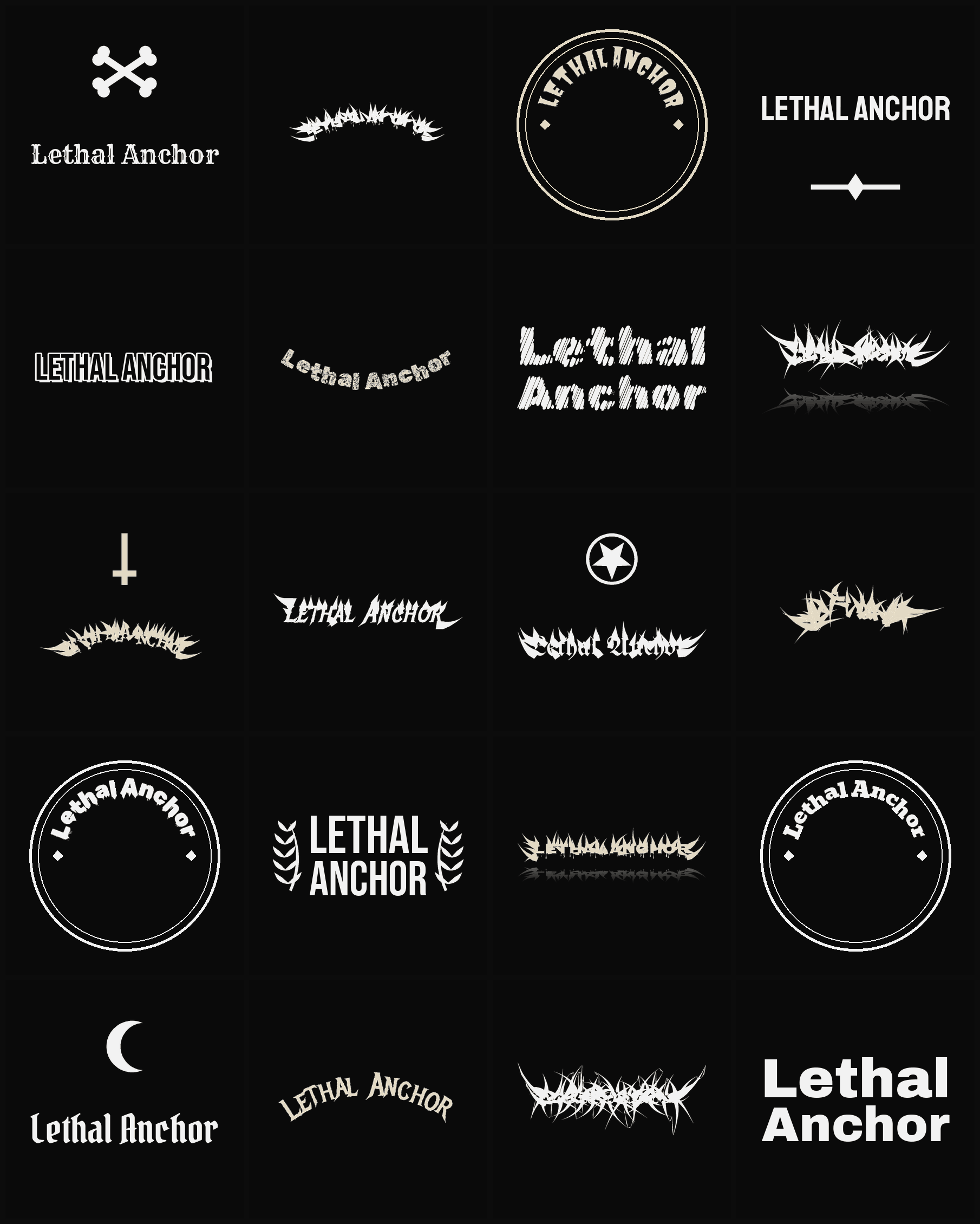 Twenty Lethal Anchor band logo ideas — different faces, treatments and spike settings
