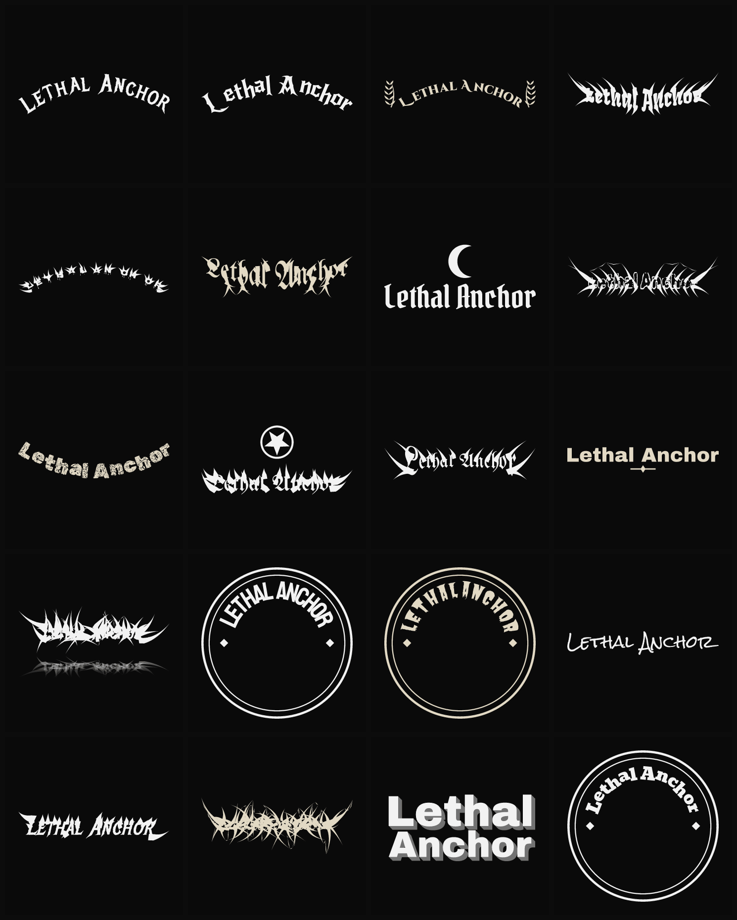 Twenty Lethal Anchor band logo ideas — different faces, treatments and spike settings