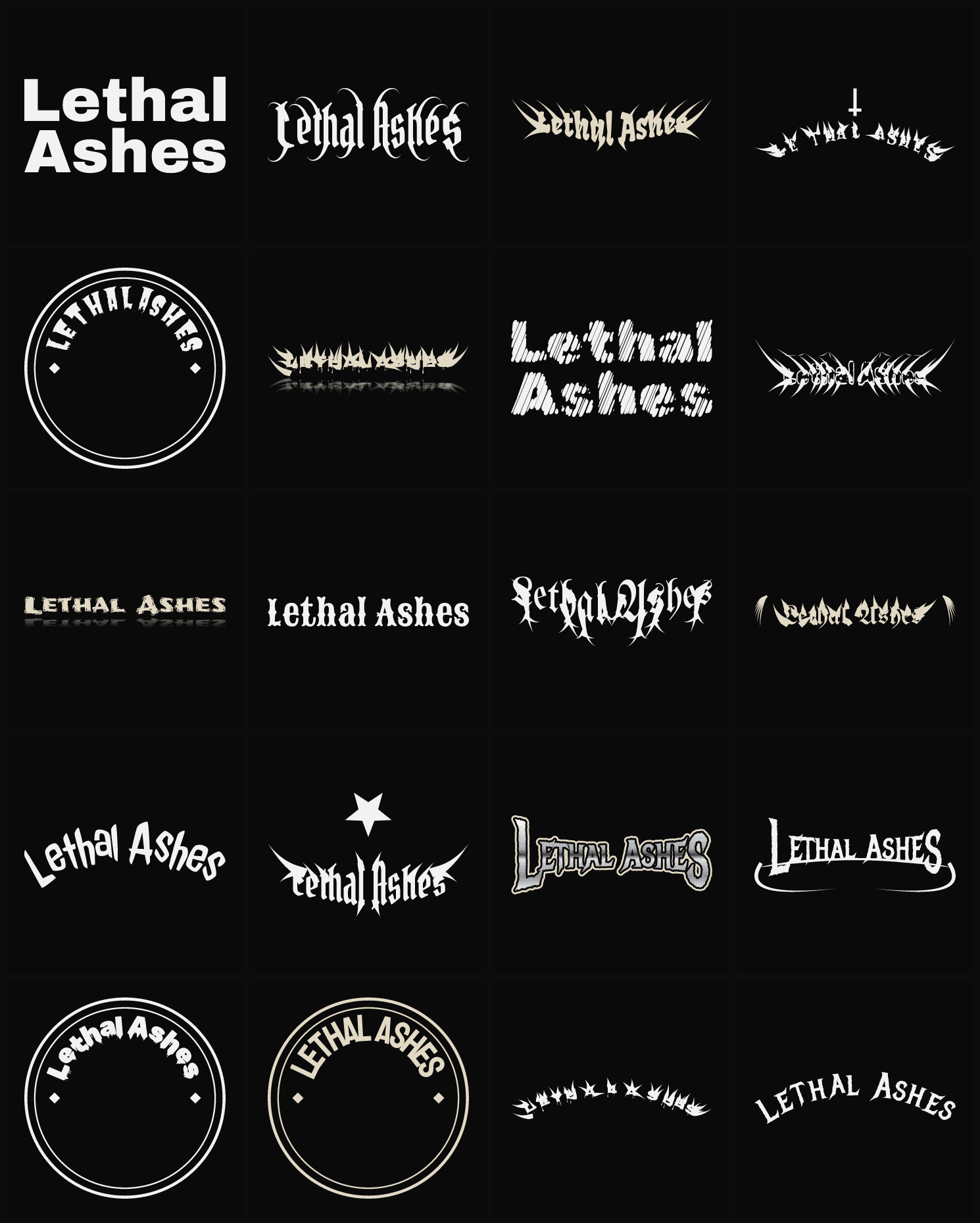 Twenty Lethal Ashes band logo ideas — different faces, treatments and spike settings