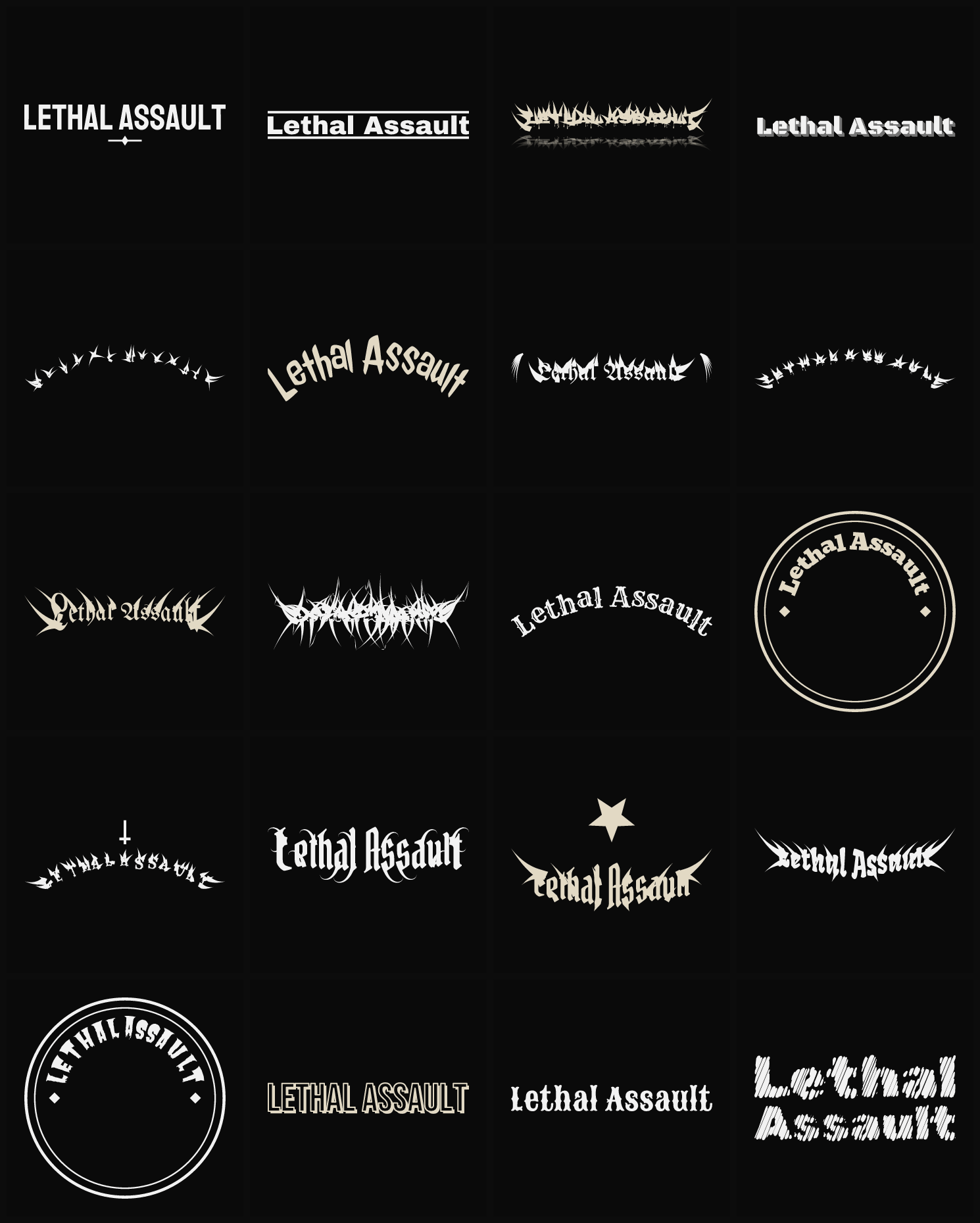 Twenty Lethal Assault band logo ideas — different faces, treatments and spike settings
