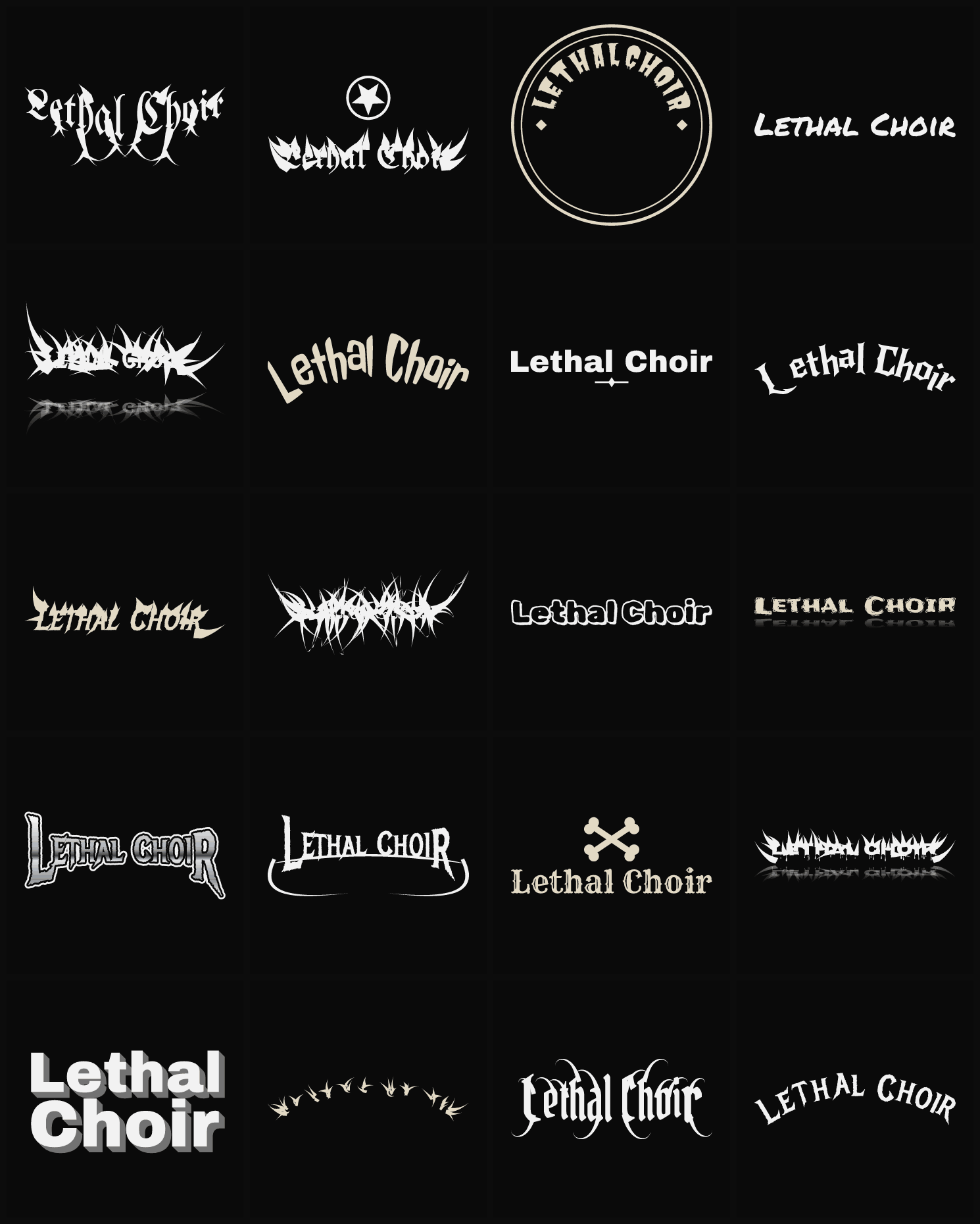 Twenty Lethal Choir band logo ideas — different faces, treatments and spike settings