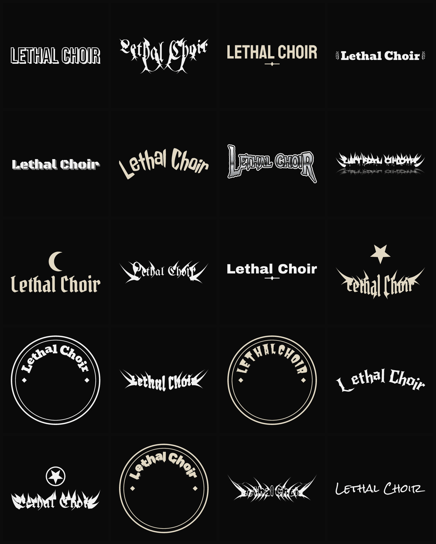 Twenty Lethal Choir band logo ideas — different faces, treatments and spike settings