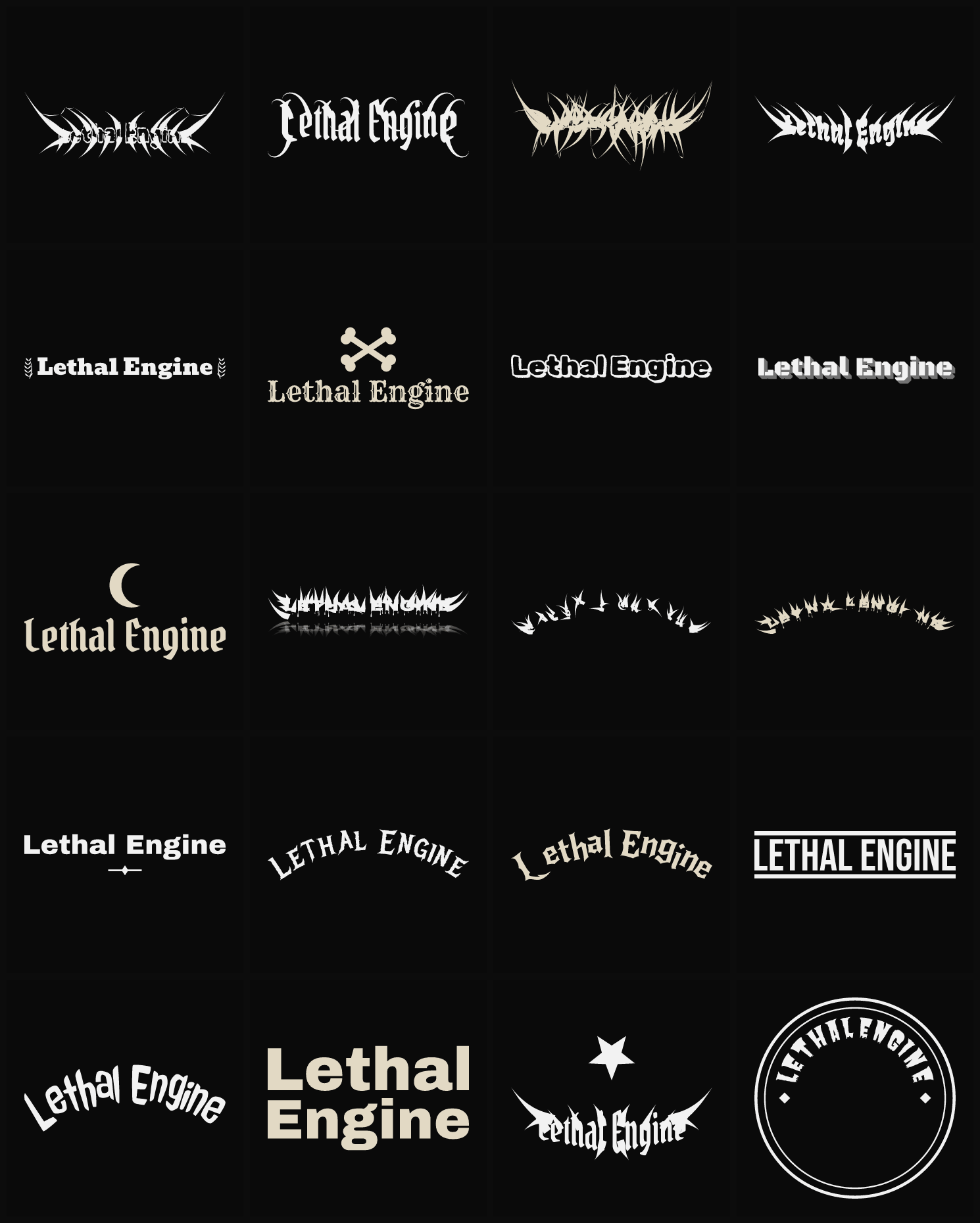Twenty Lethal Engine band logo ideas — different faces, treatments and spike settings