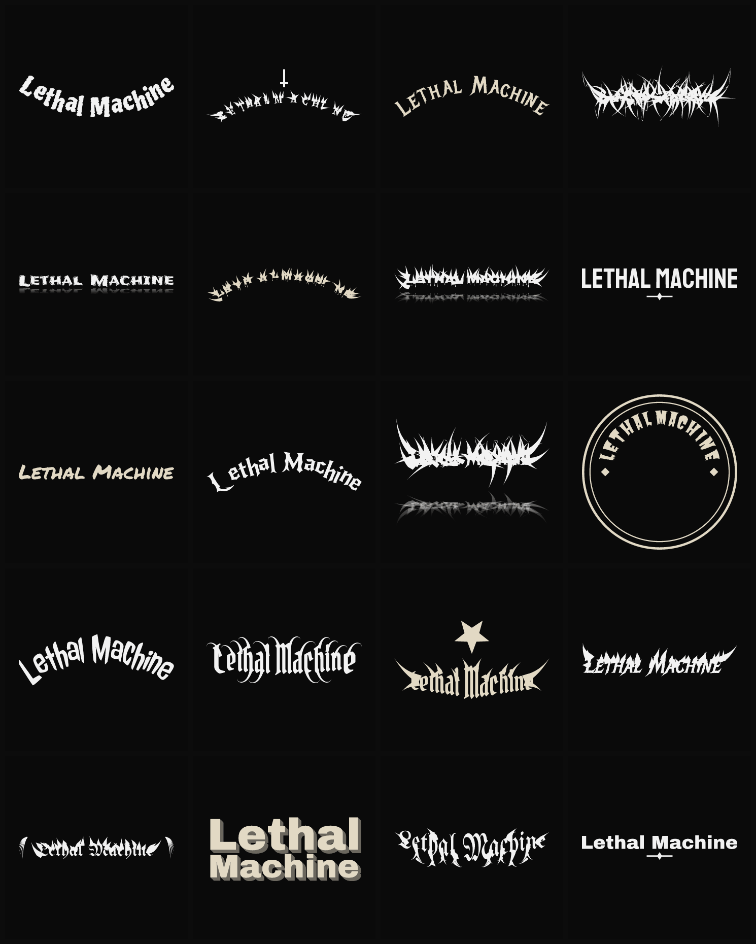 Twenty Lethal Machine band logo ideas — different faces, treatments and spike settings