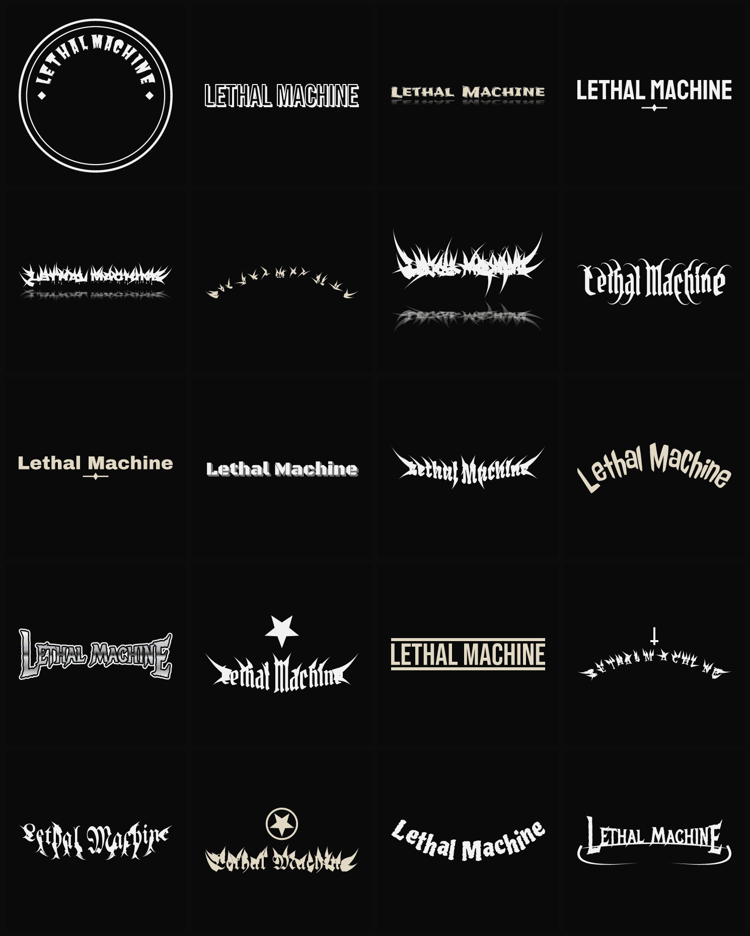 Twenty Lethal Machine band logo ideas — different faces, treatments and spike settings
